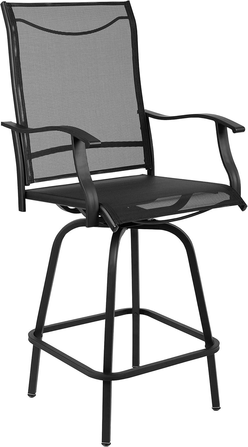 Flash Furniture Patio Bar Height Stools Set of 2, All-Weather Textilene Swivel Patio Stools and Deck Chairs with High Back & Armrests in Black