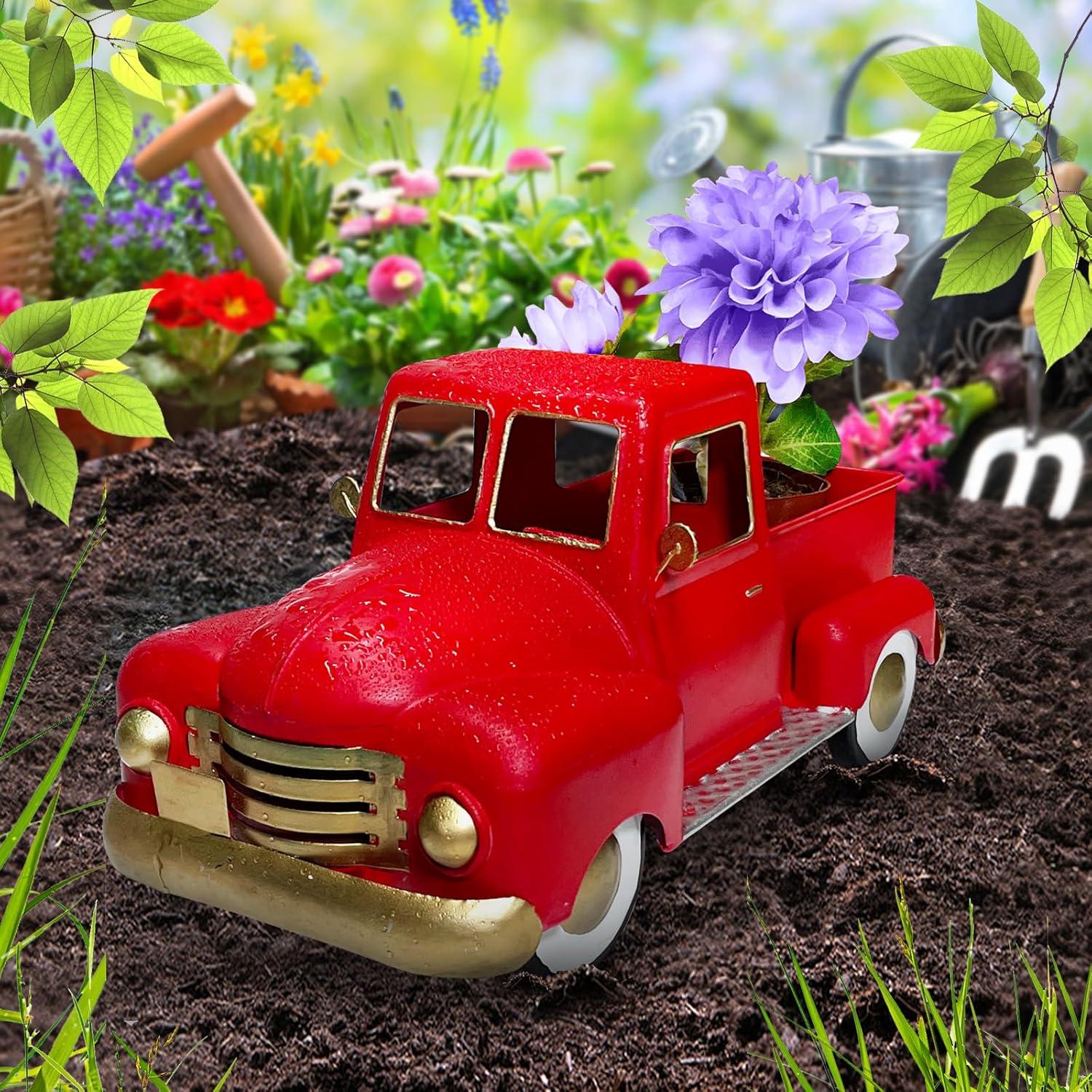 Vintage Red Metal Truck Sculpture with Gold Accents