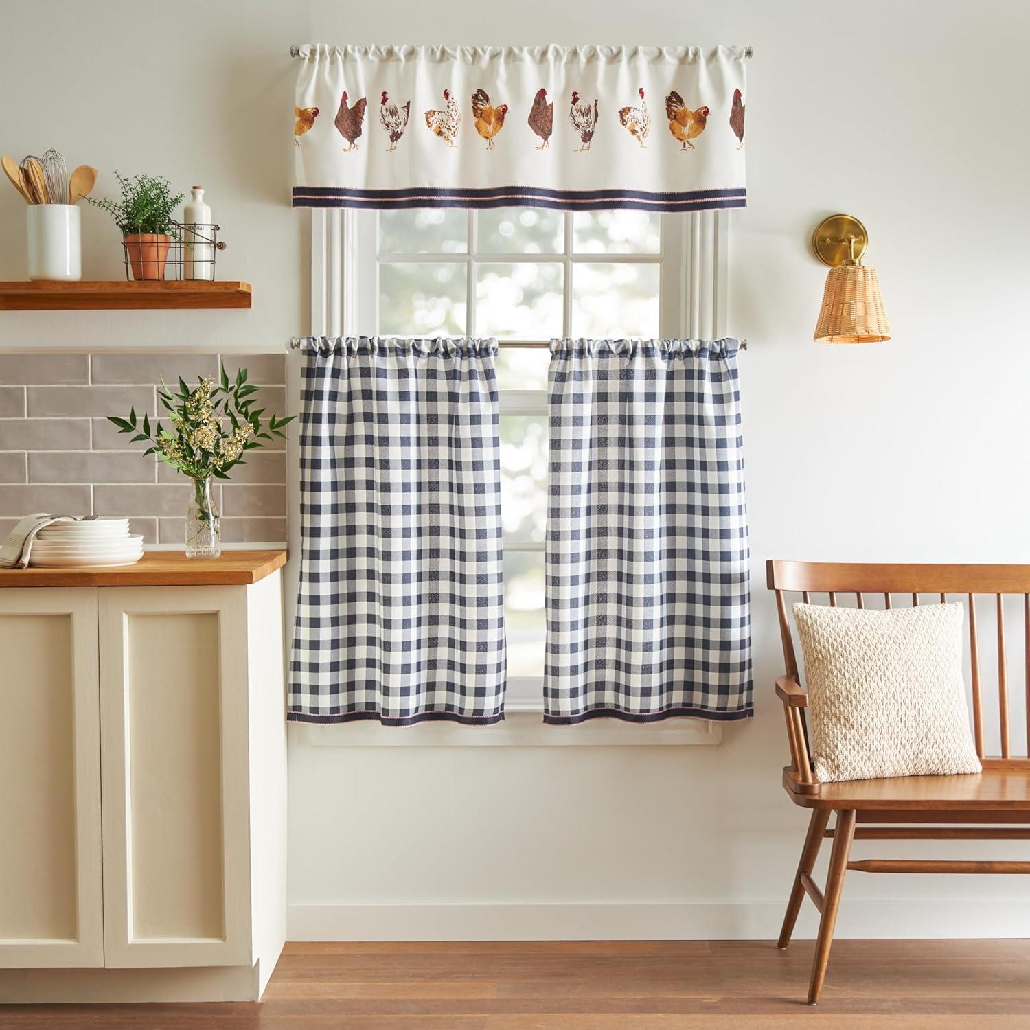 Chickens Light Filtering Rod Pocket Kitchen Curtain Valance and Tiers Set in Navy/White
