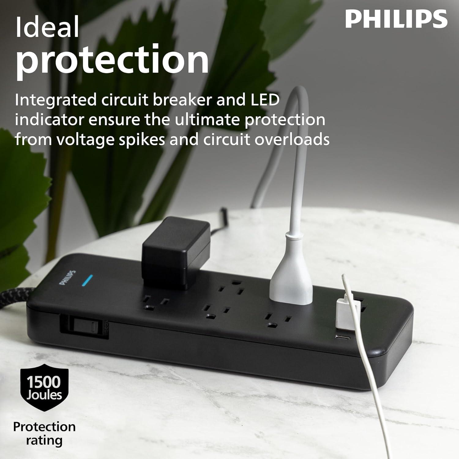 Philips 6-ft 7-Outlet Surge Protector, 7 Outlet, 1 USB-A, 1 USB-C, 15W, 1500J, Braided Cord, Black