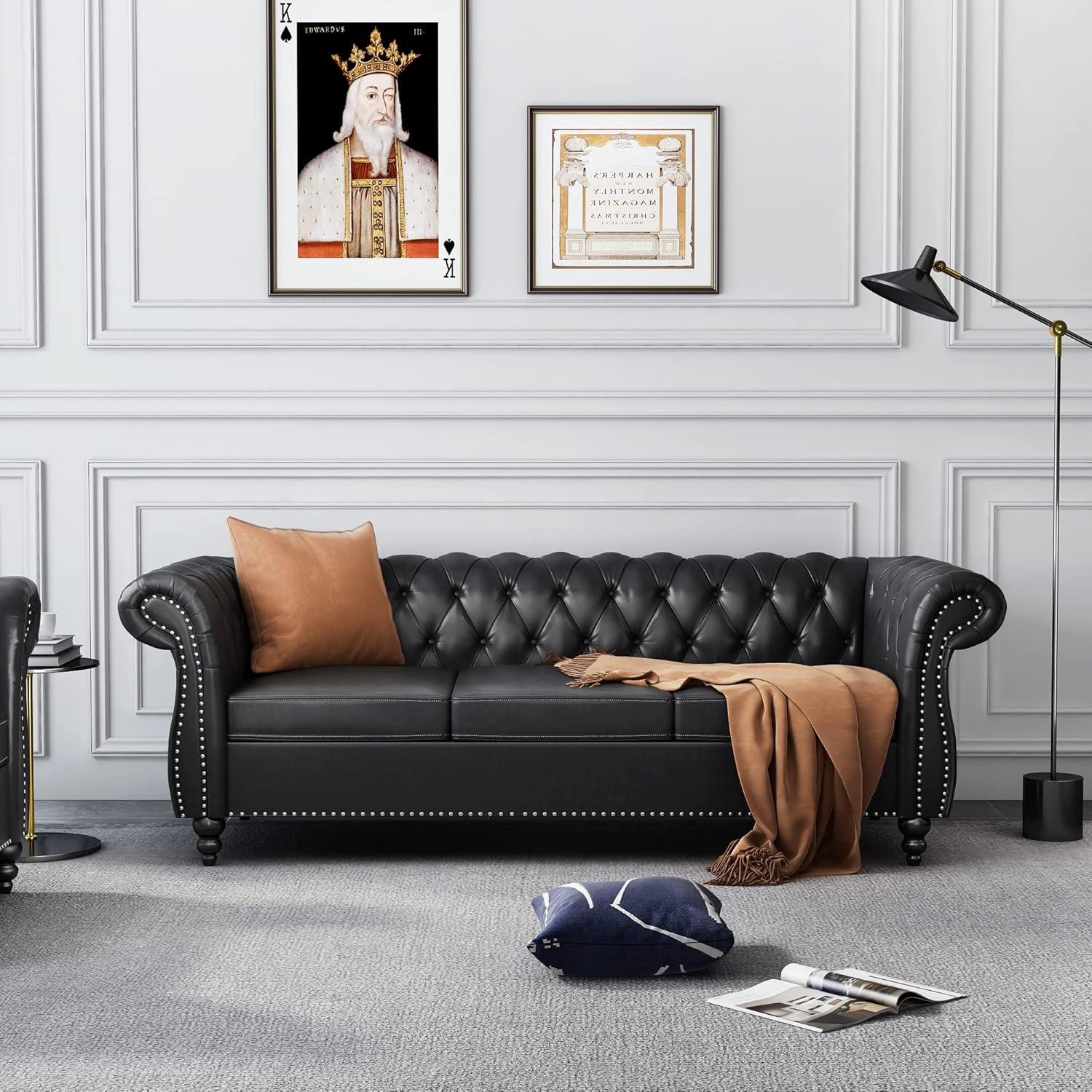 Black Tufted Faux Leather Chesterfield Sofa with Nailhead Trim