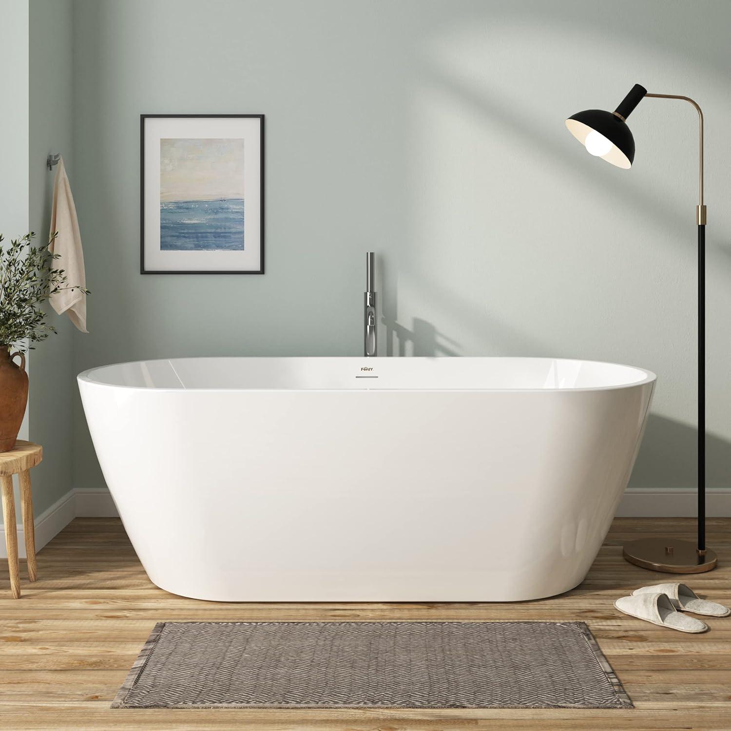 Bali 67" White Acrylic Freestanding Soaking Bathtub with Brushed Nickel Drain