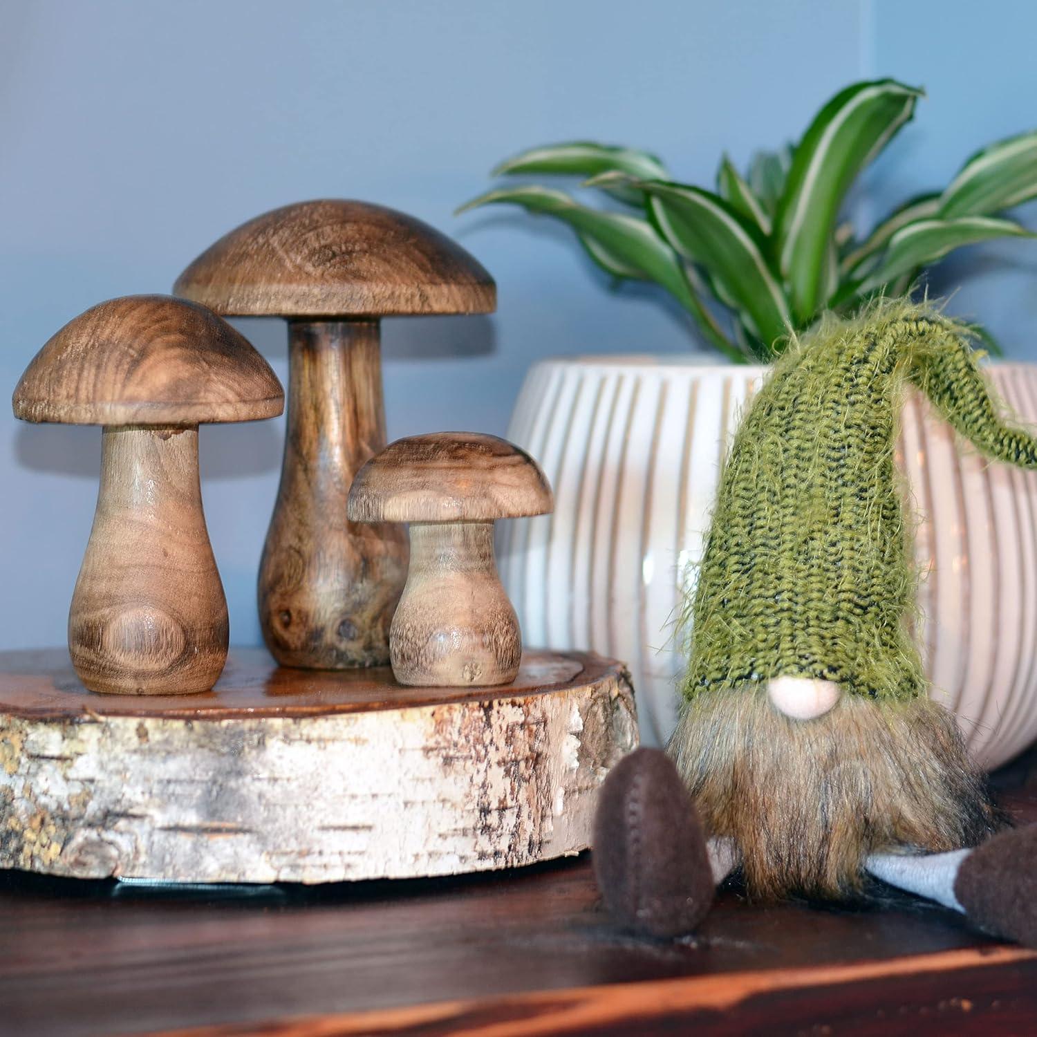 WHW Whole House Worlds Farmers Market Mushrooms, Set of 3, Decorative Figurines, Art, Dark Mango Wood, 4.75 Inches