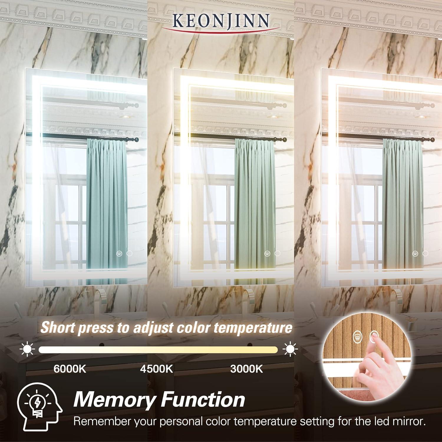Keonjinn LED Bathroom Vanity Mirror, Front Light & Backlit, 3 Color Temperatures, Anti Fog, Double Lights Strips, 24"x32"