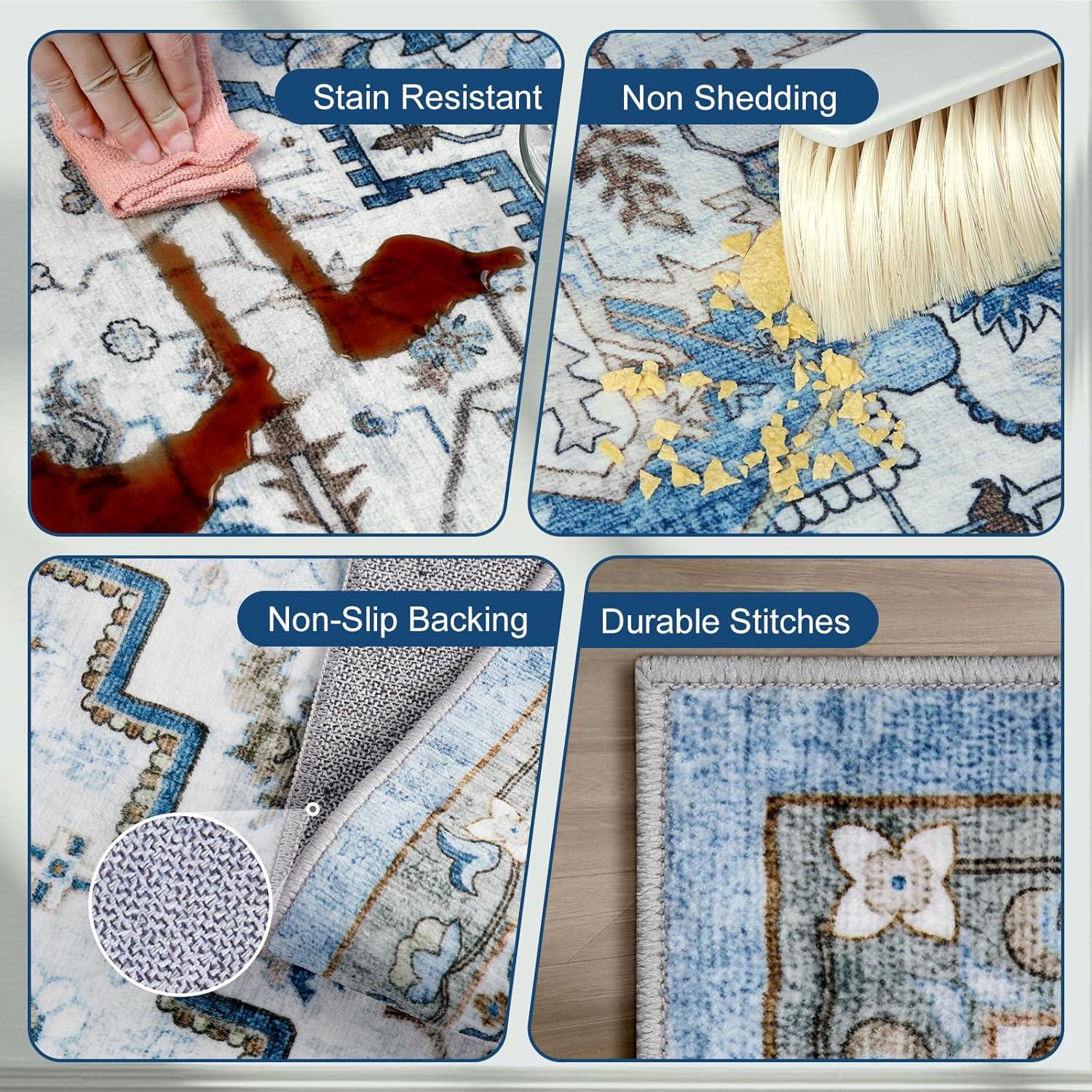 GlowSol 8x10 Floral Area Rug for Living Room Bedroom Retro Distressed Area Rug Traditional Medallion Non-Slip Low Pile Carpet Floor Decoration, Blue