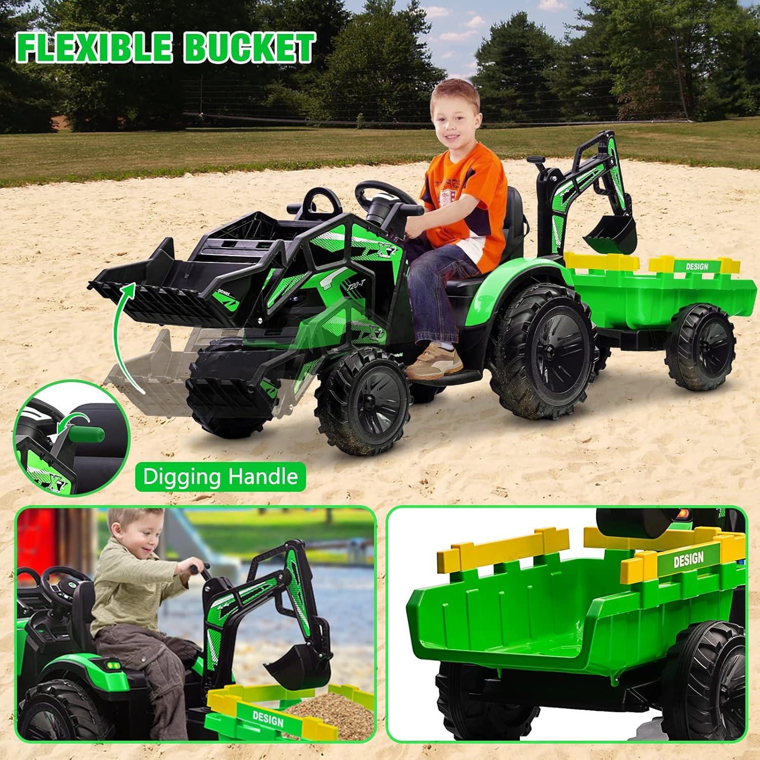 EastVita 3 in 1 Ride on Tractor, Excavator & Bulldozer, 24V Ride on Car Toy Electric Vehicle w/Trailer, Shovel Bucket Green