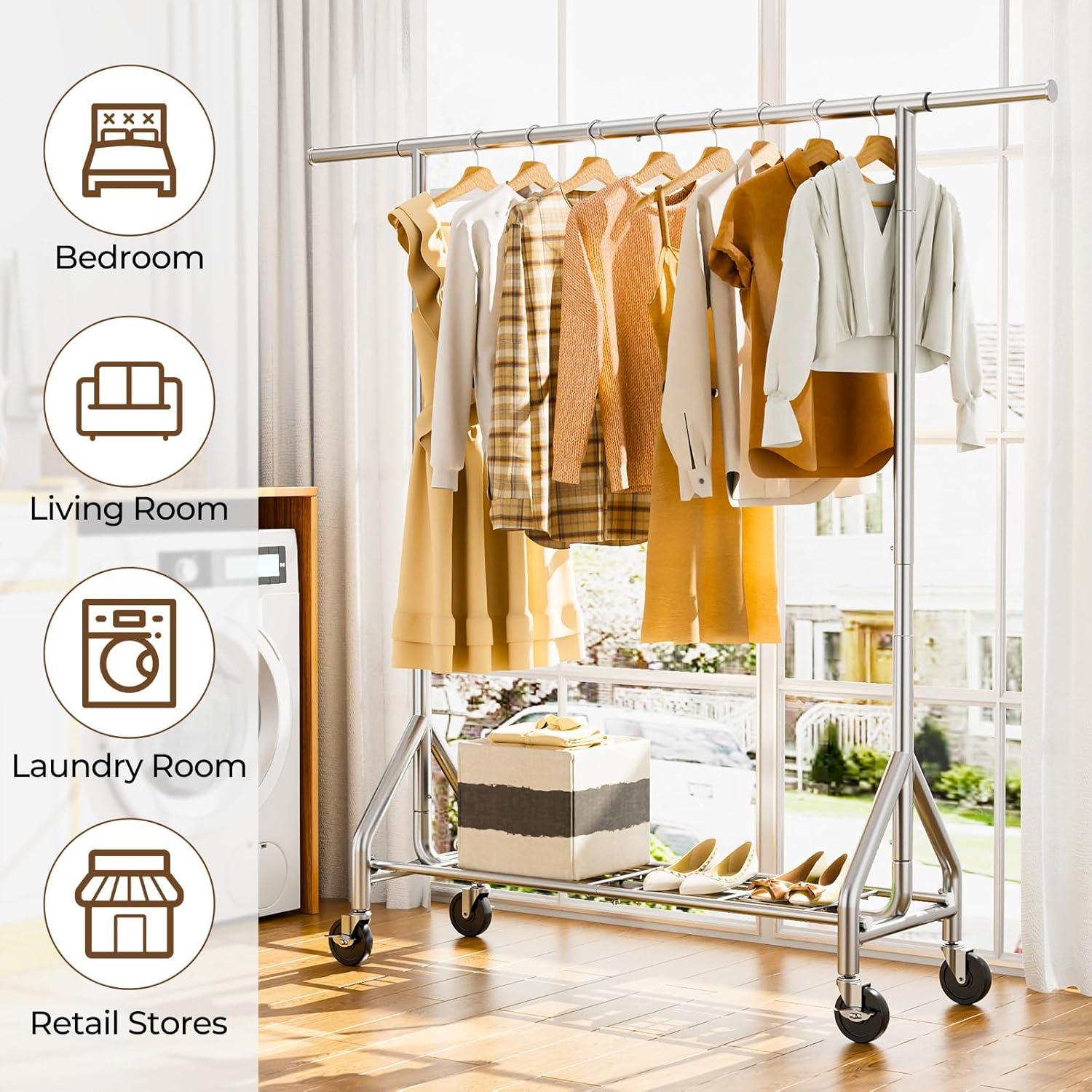 Heavy Duty Clothes Rack Load 450 LBS, Metal Garment Rack, Standing Rolling Clothing Rack for Hanging Clothes with Sturdy Wheels & Shelves, Portable Closet Wardrobe Rack,Sliver