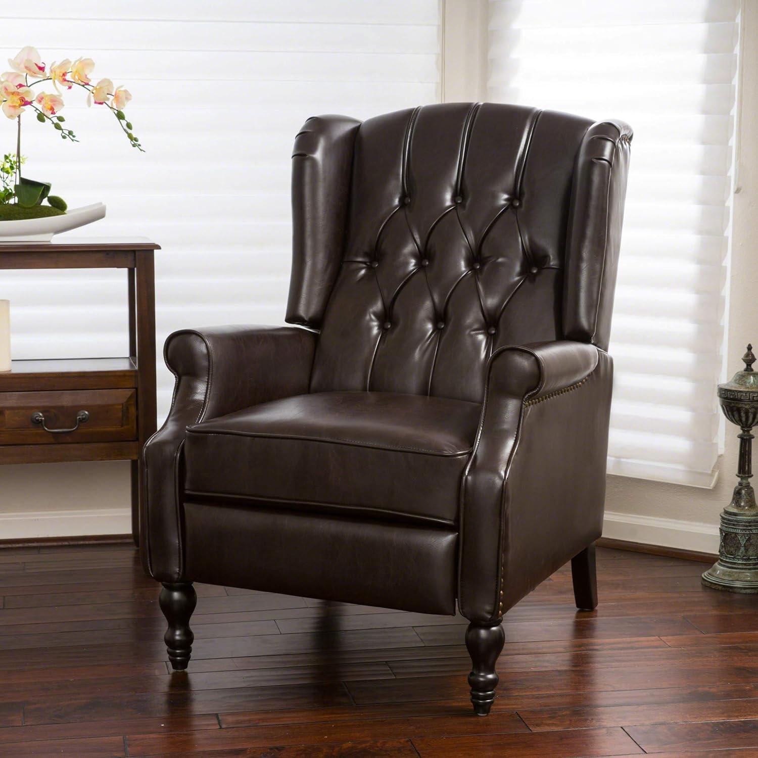 Brown Tufted Leather Wingback Recliner with Wood Legs