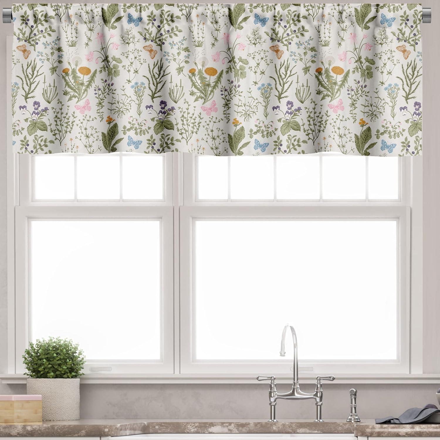 Ambesonne Floral Valance & Curtain, Vintage Garden Plants, 55"x36", Reseda Green Beige