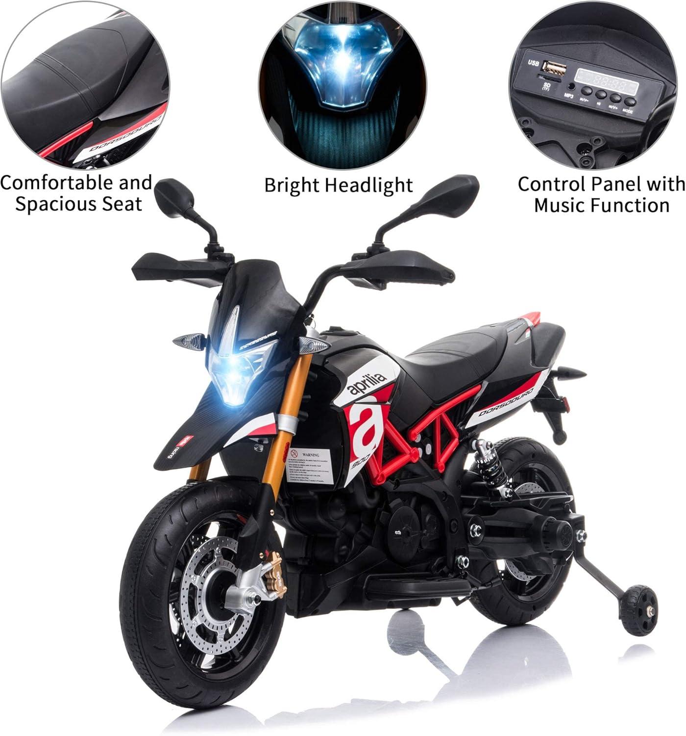 TOBBI Aprilia Licensed 12V Ride on Motorcycle Electric Motorbike for Kids Child Toys W/Training Wheels, Music, LED Lights, MP3, USB