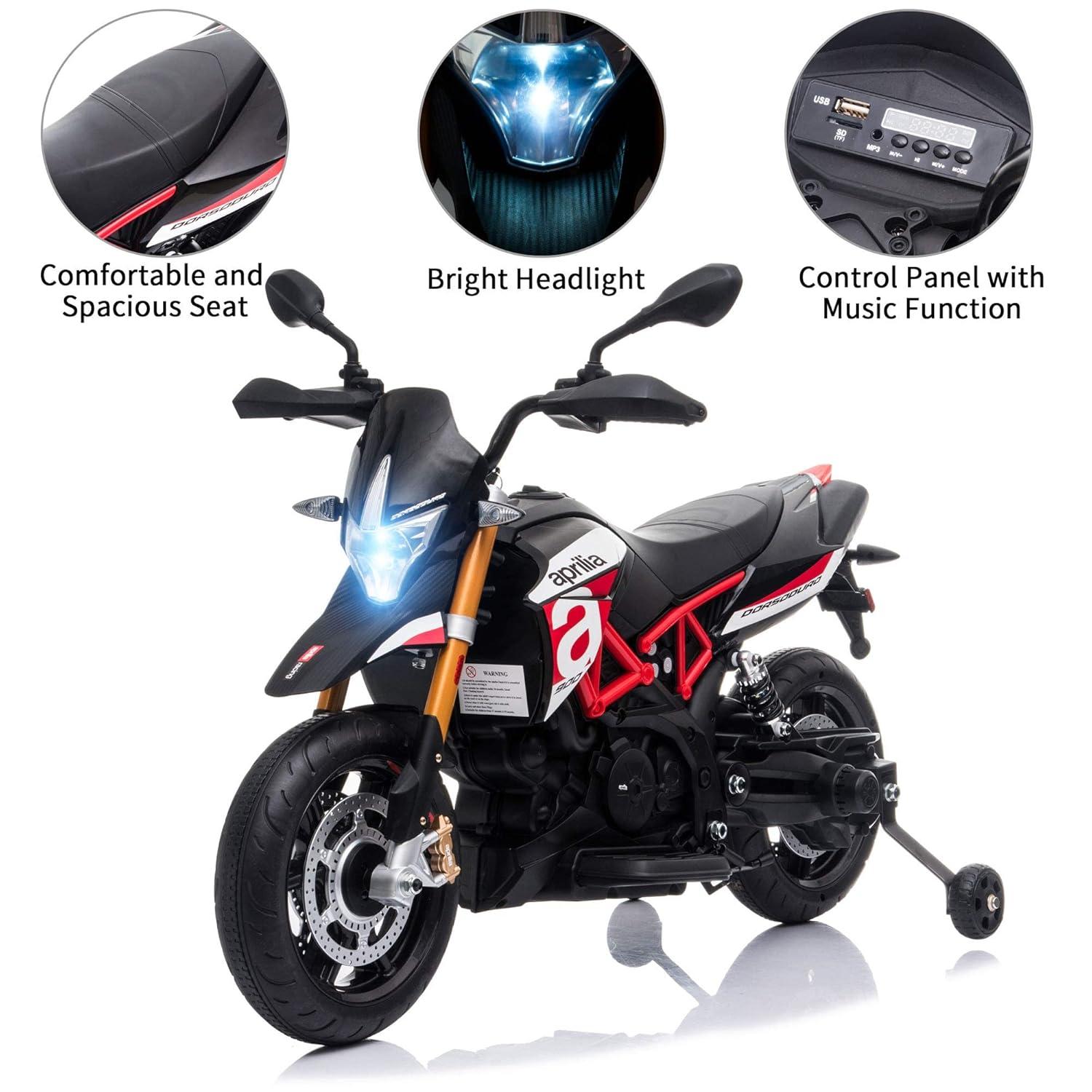 12V Ride On Toy With Training Wheels Battery Powered Dirt Bike Electric Motorcycle With LED Lights Sounds Music MP3 For Boys Girls Gifts