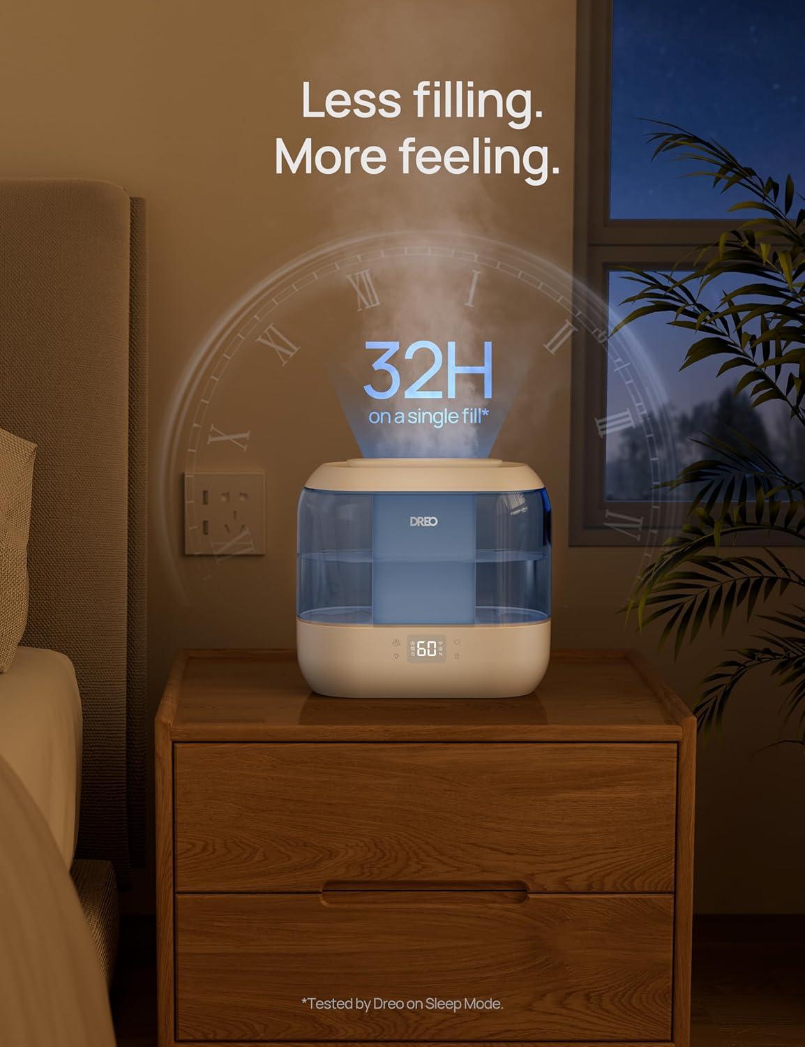 Dreo Humidifiers for Bedroom, Top Fill 4L Supersized Cool Mist Humidifier with Oil Diffuser and Nightlight, 32H Runtime, Quiet Ultrasonic Humidifiers for Home, Large Room, Baby Nursery and Plants