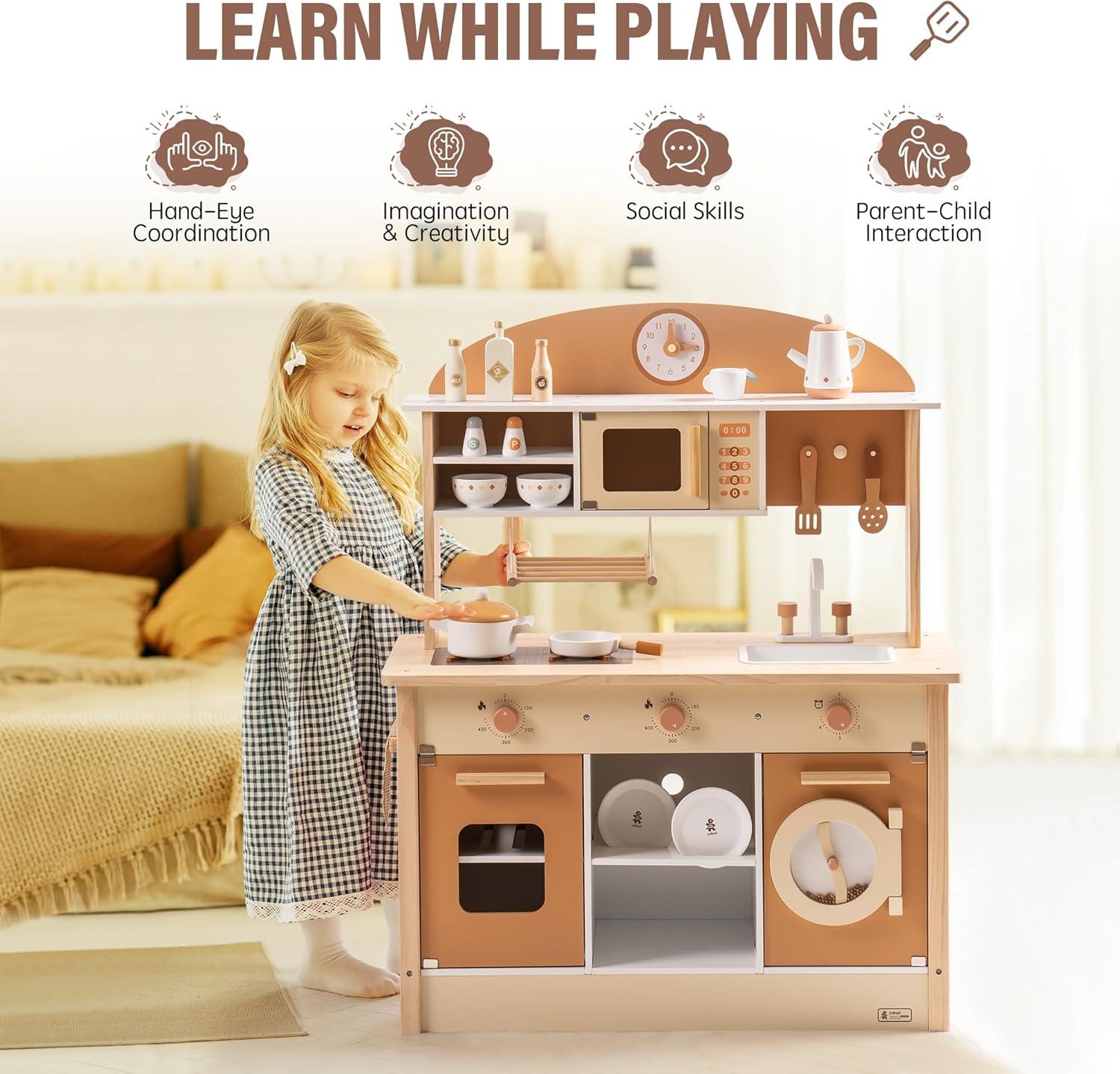 ROBUD Solid Wood Play Kitchen & Accessories Set, Preschool Kitchen Set, Kids Kitchen Playset