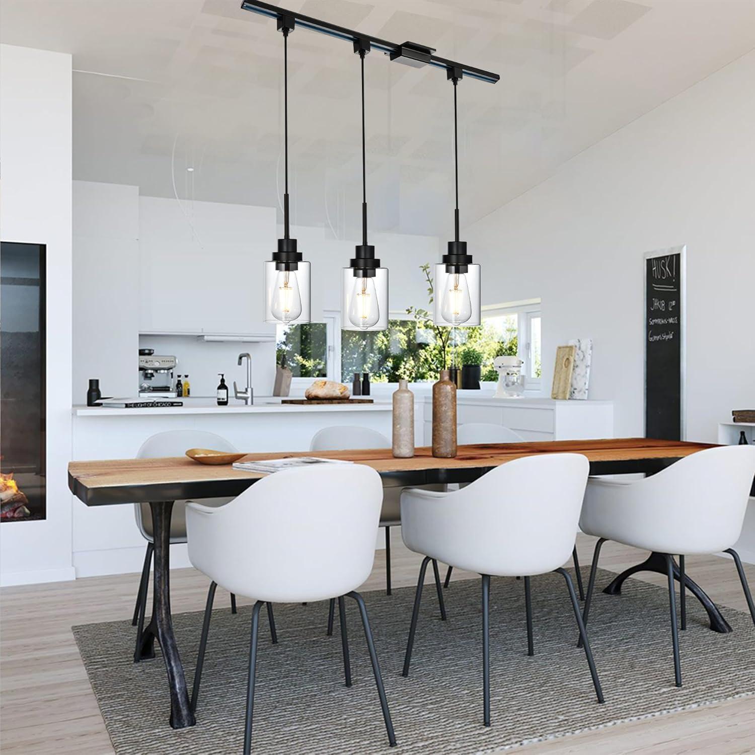 3-Pack H Type Track Lighting Pendants, Ceiling Track Hanging Light Fixture with Hand-Woven Rattan Shade, H-Type Tracking Boho Pendant Lighting Fixtures for Kitchen Island Dining Room, E26 Base