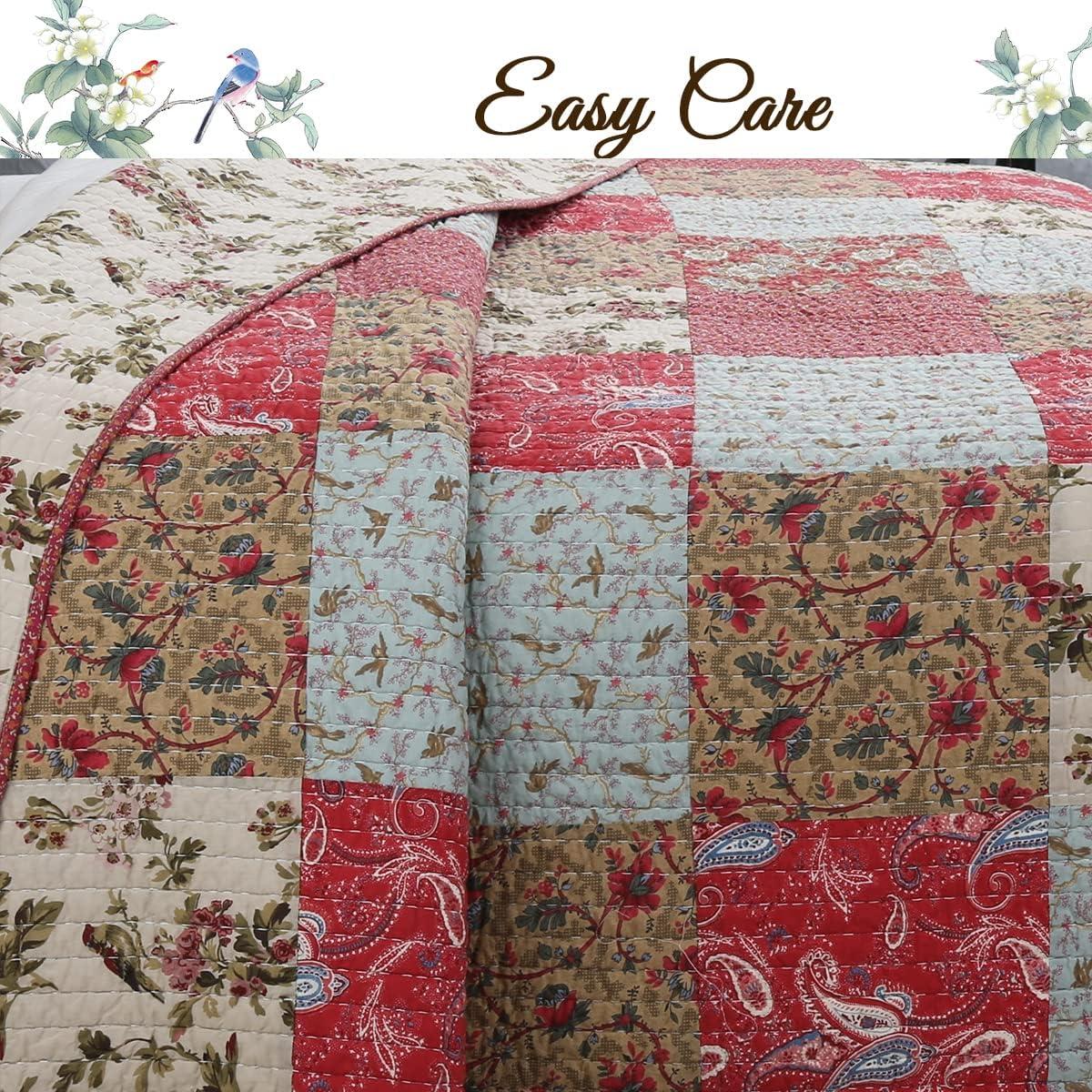 Queen Blue and Red Cotton Reversible Patchwork Quilt Set