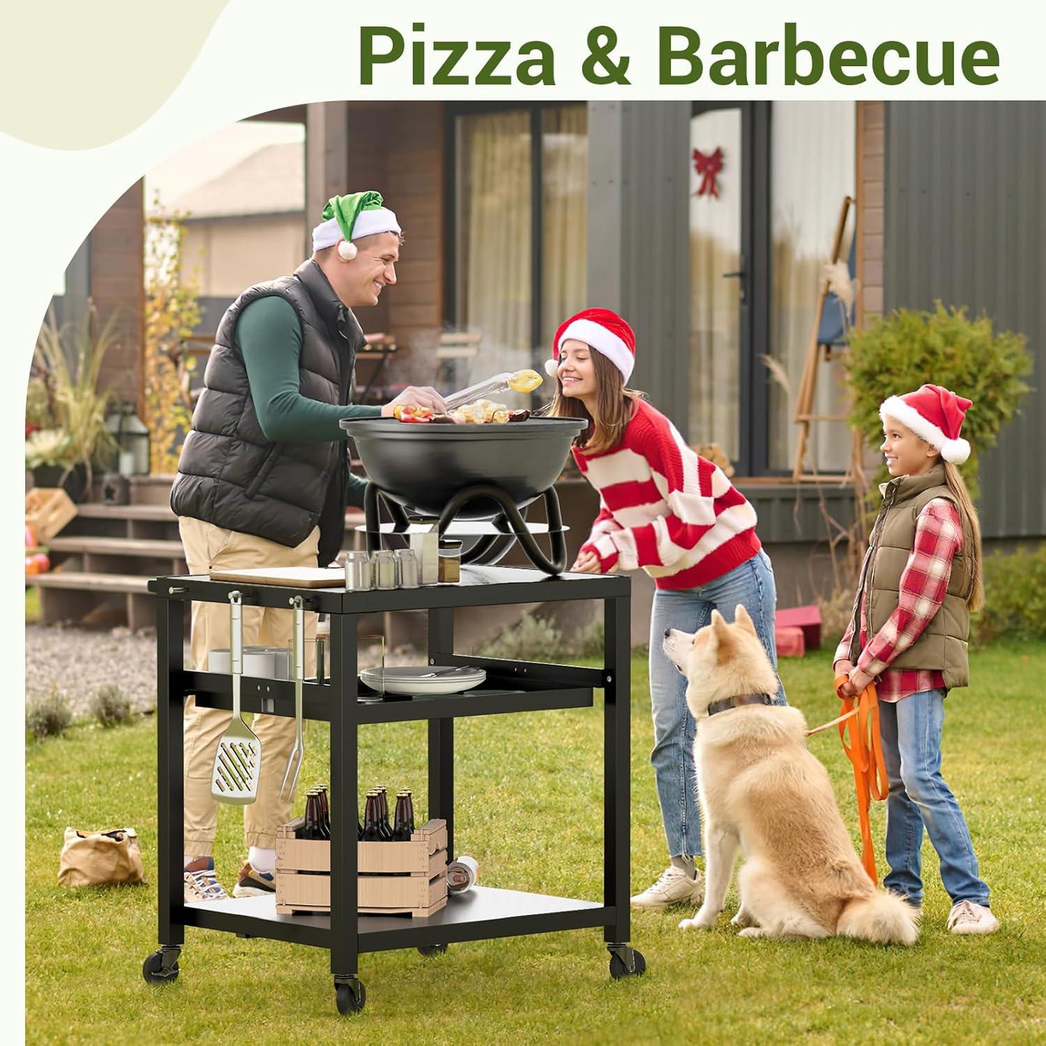 Hokku Designs Outdoor Pizza Oven & Grill Prep Table With Rolling Cart - 24"X30" Metal Top, 3-Layer Drawer Storage