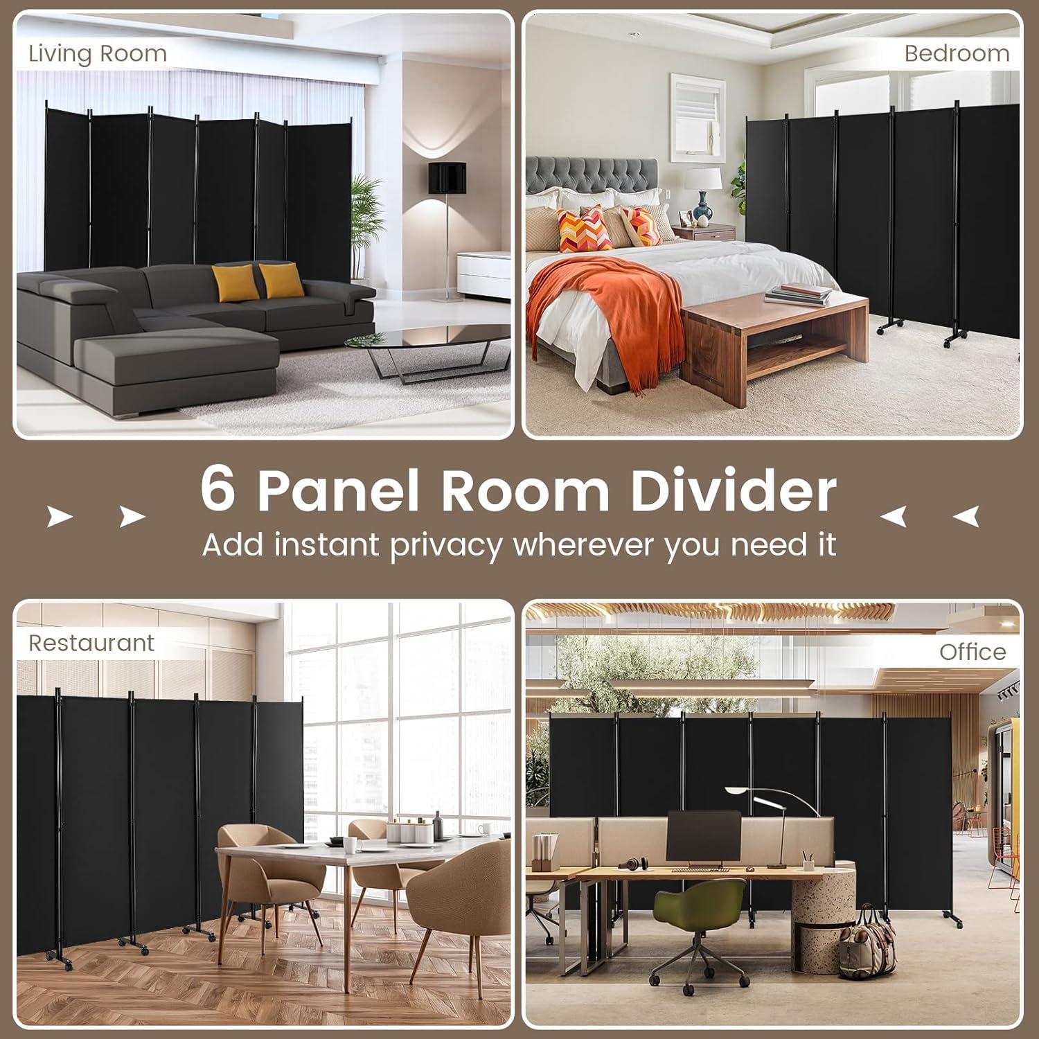 Costway 6-Panel Folding Room Divider 6FT Rolling Privacy Screen with Lockable Wheels Black