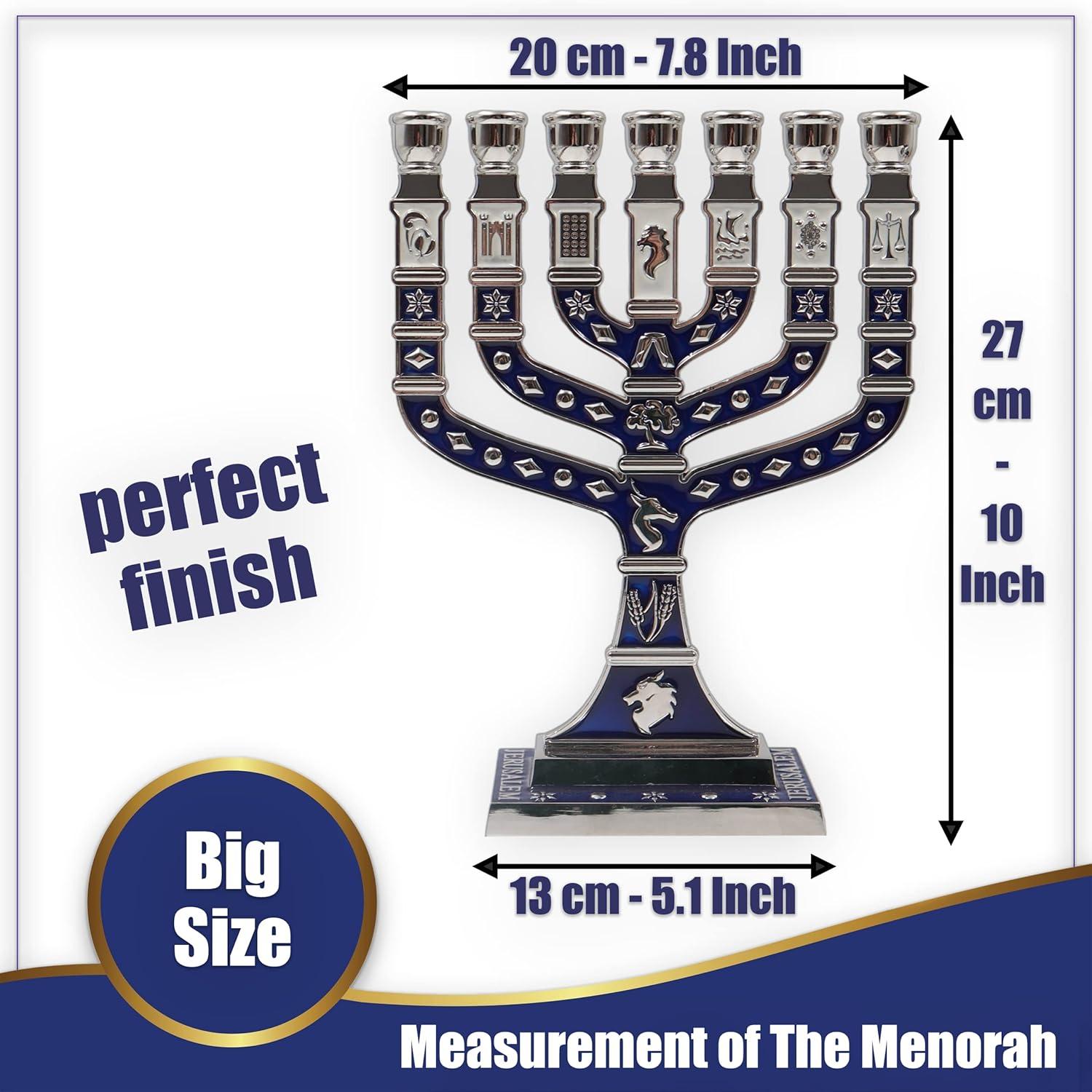 Traditional 7 Branch Jerusalem Menorah with Enamel Finish, Featuring the 12 Tribes of Israel, Jewish Candle Holders (10.8 Inch)
