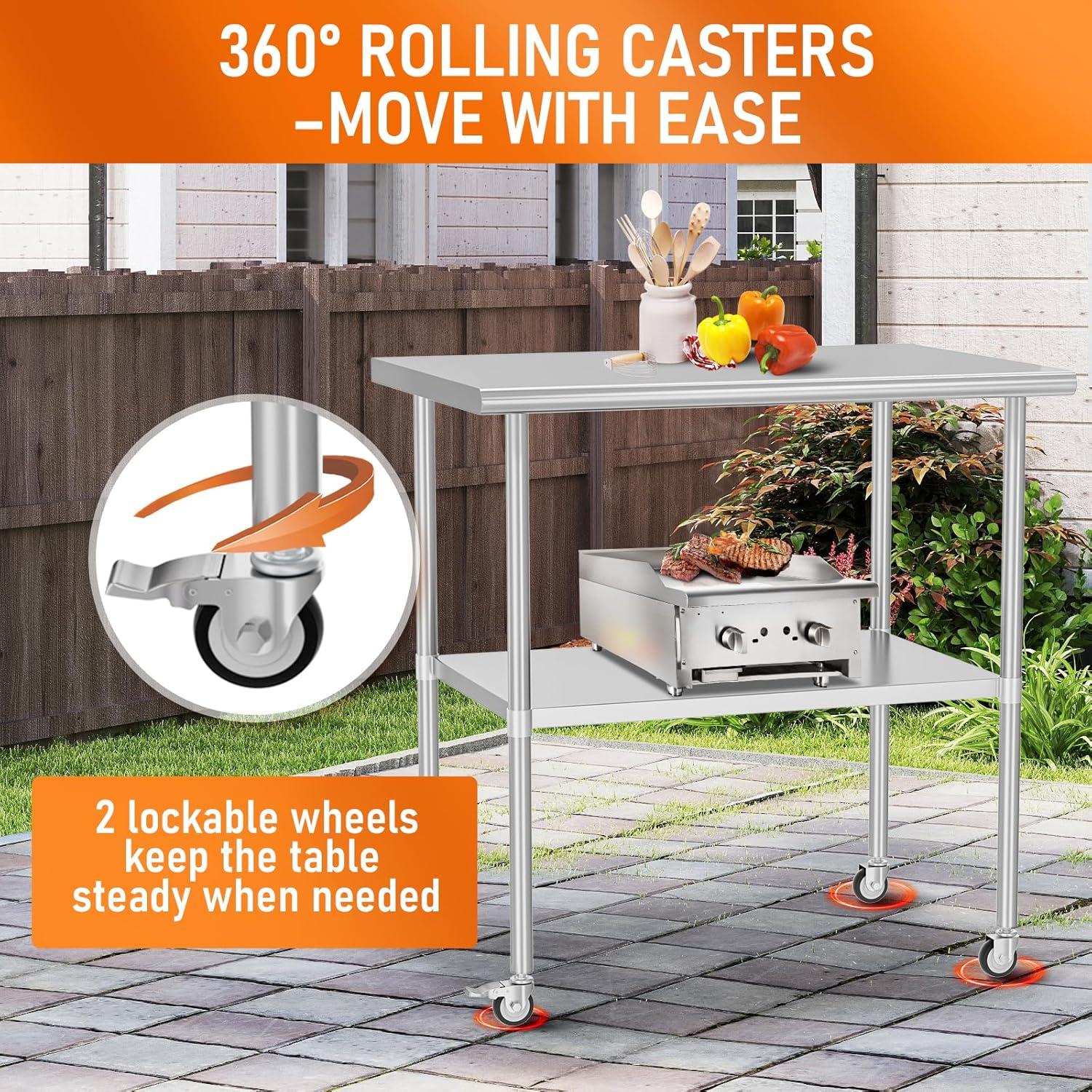 36"x24" Stainless Steel Kitchen Work Prep Table Commercial Workbench With Wheels