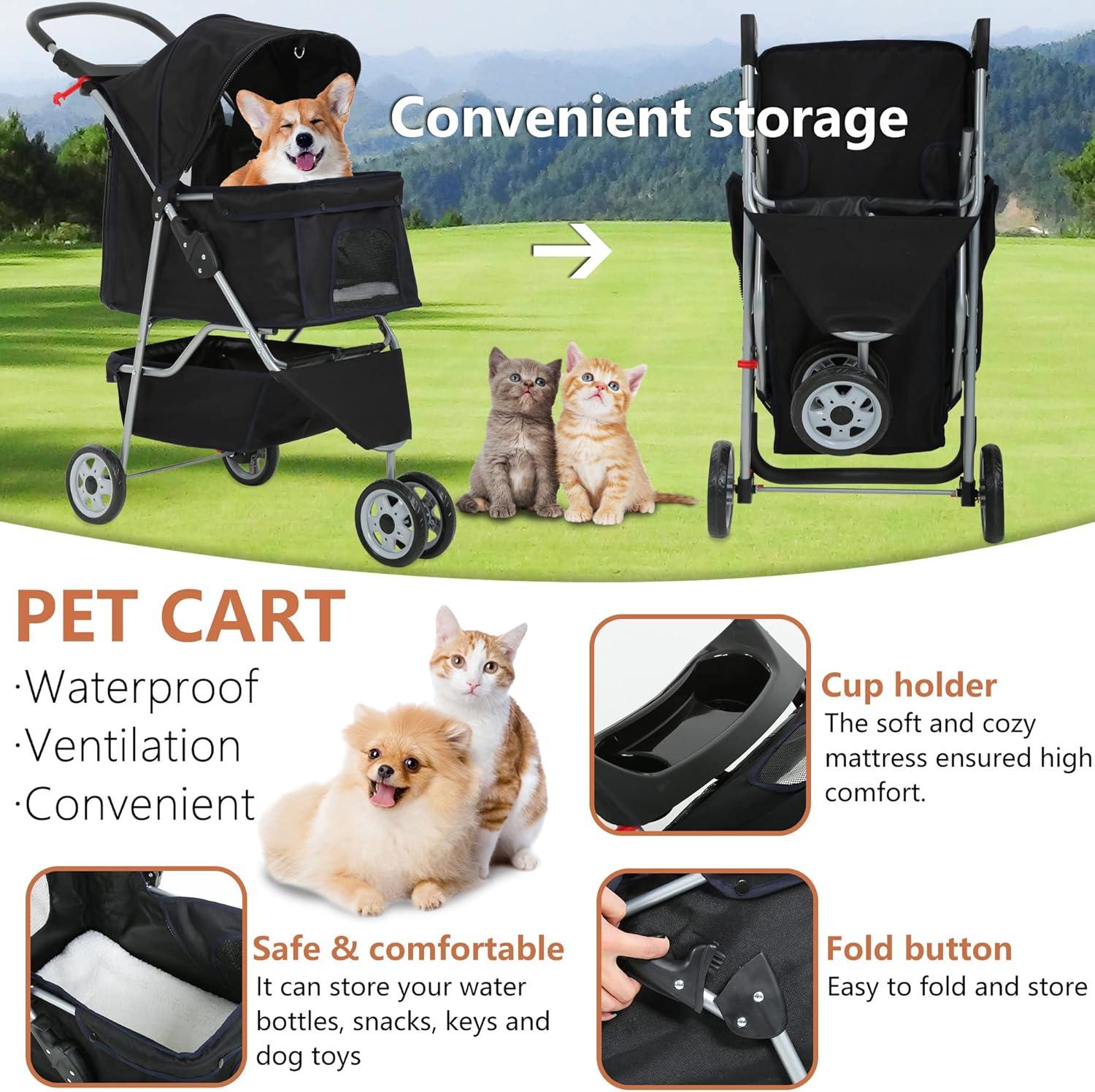 Dog Stroller, 3 Wheels Pet Cat Jogger Stroller, Folding Carrier Waterproof Puppy Stroller with Cup Holder & Removable Liner, Dog Strollers for Small Dogs, for Small and Medium Pets