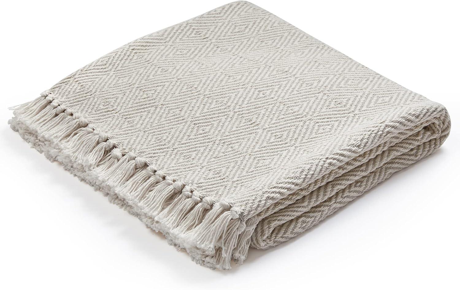 Americanflat 100% Cotton Throw Blanket for Couch - 50x60 - All Seasons Neutral Lightweight Cozy Soft Blankets.[Cream Beige Diamond ]
