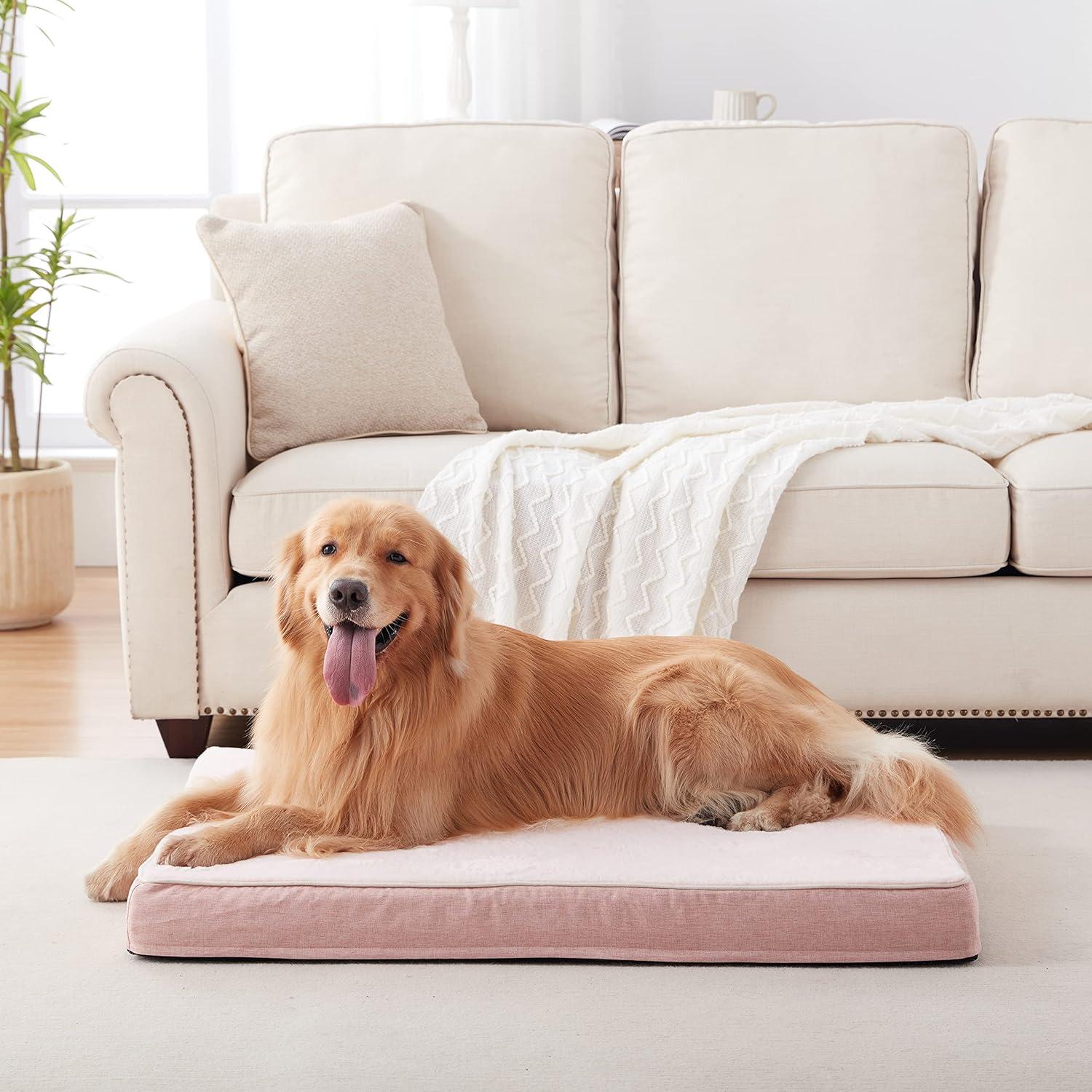 Memory Foam Large Dog Bed, Orthopedic Dog Crate Bed with Cooling Gel Foam, Waterproof Liner and Washable Cover, Joint Relief Pet Sleeping Bed for Medium Large Dogs (Pink)