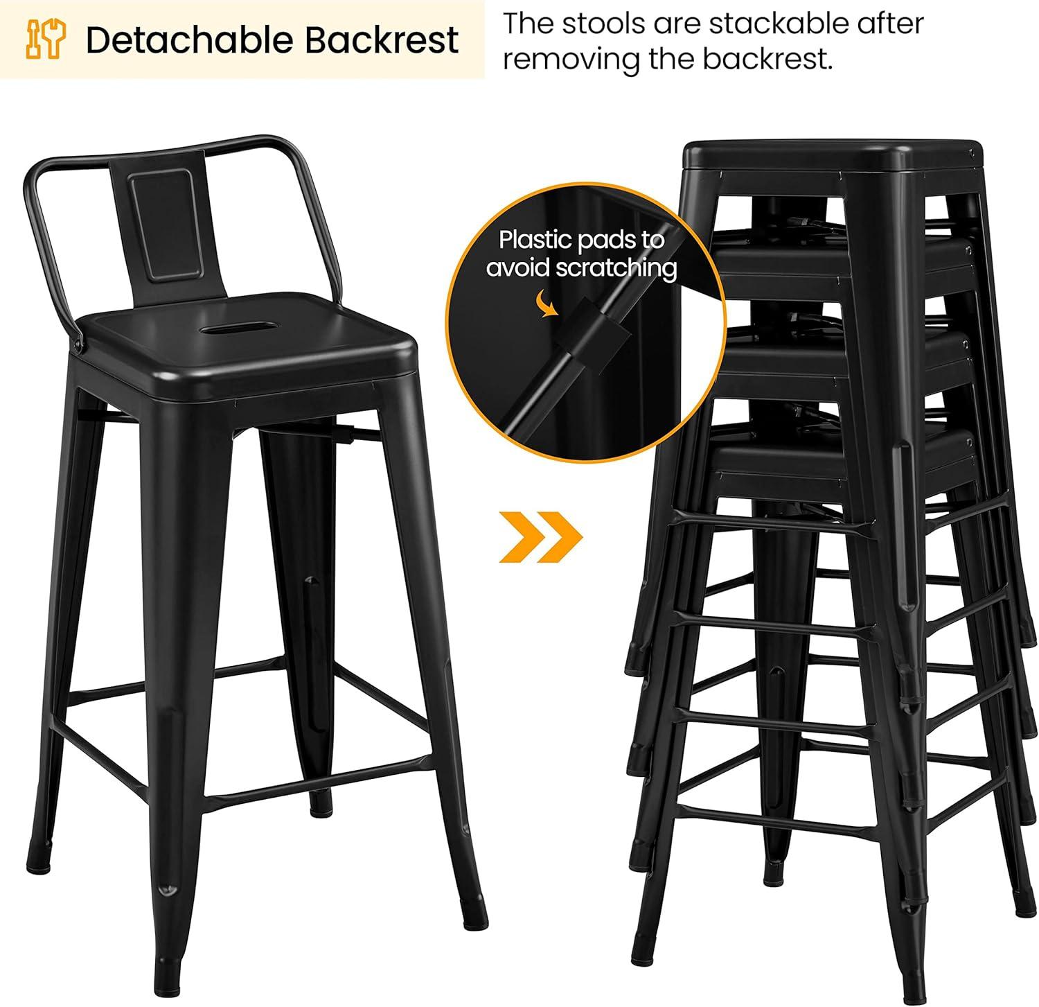 Yaheetech 26" Stackable Low Back Metal Counter Height Bar Stools with Footrest, Set of 4