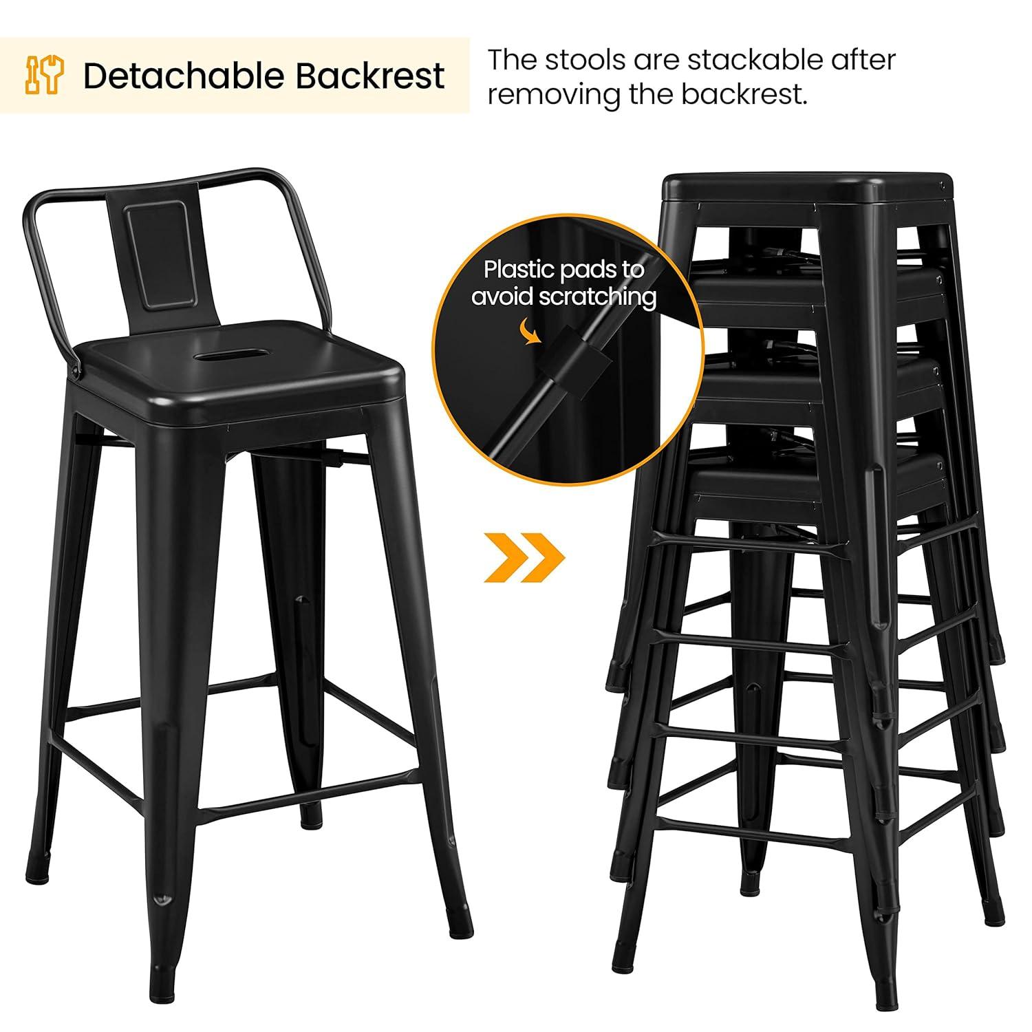 Yaheetech 26" Stackable Low Back Metal Counter Height Bar Stools with Footrest, Set of 4