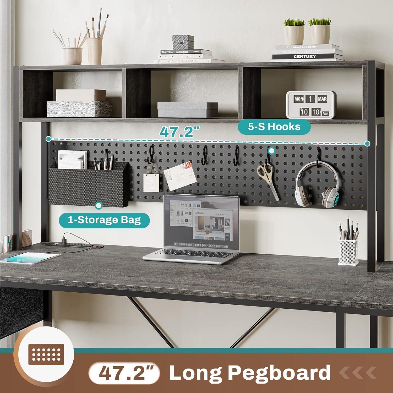 SEDETA L Shaped Desk, 94.5 Inch Home Office Desk with Power Outlet & Pegboard, L Shaped Gaming Desk with LED Light, Keyboard Tray, Storage Shelves and Headphone Hook for Home Office, Grey