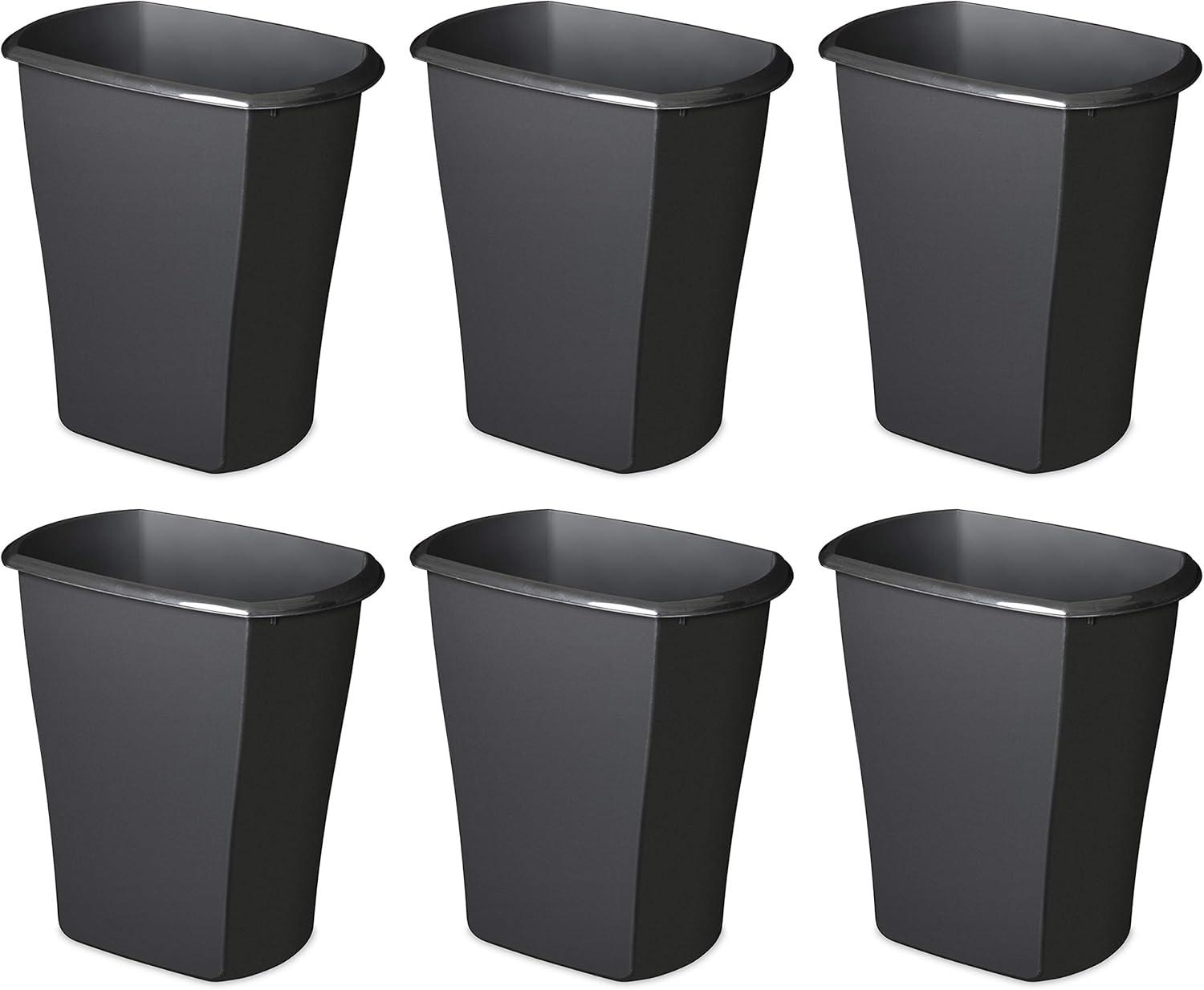 Sterilite 5.5 Gallon Black Plastic Rectangular Wastebasket, 6-Pack