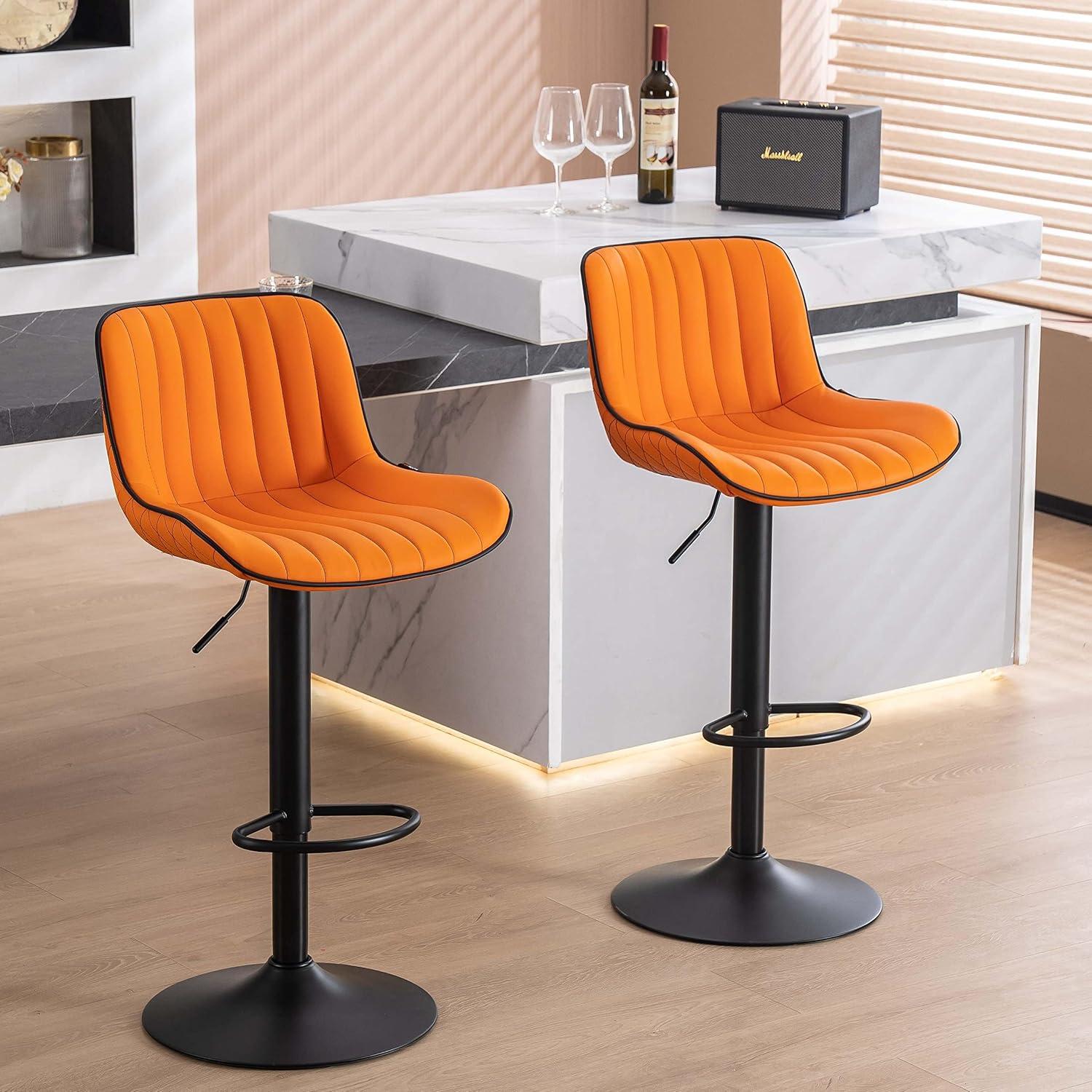 Orange Adjustable Swivel Leather Bar Stools with Pedestal Base, Set of 2