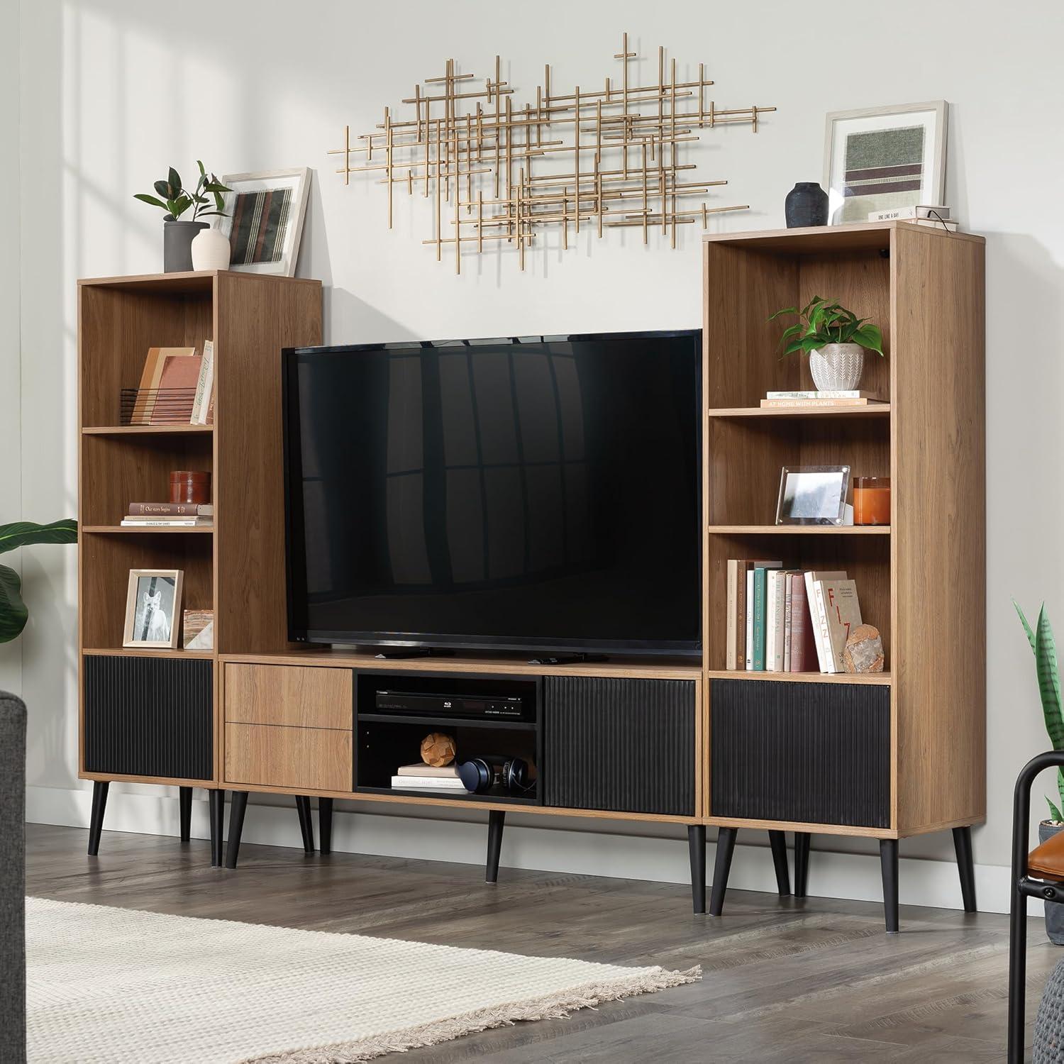 Serene Walnut and Black Modern TV Credenza with Cabinet