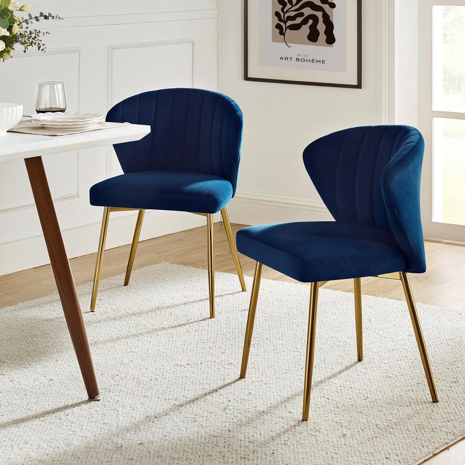 Home Velvet Dining Chairs Set of 2 Upholstered Wingback Accent Side Chairs Metal Legs Living Room Kitchen Navy