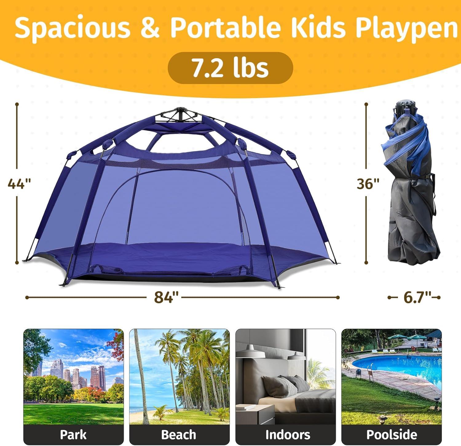 Alvantor Playpen Play Yard Space Canopy Fence Pin 6 Panel Popup Foldable and Portable Lightweight Safe Indoor Outdoor Infants Babies Toddlers Kids 7?x7?x44? Navy
