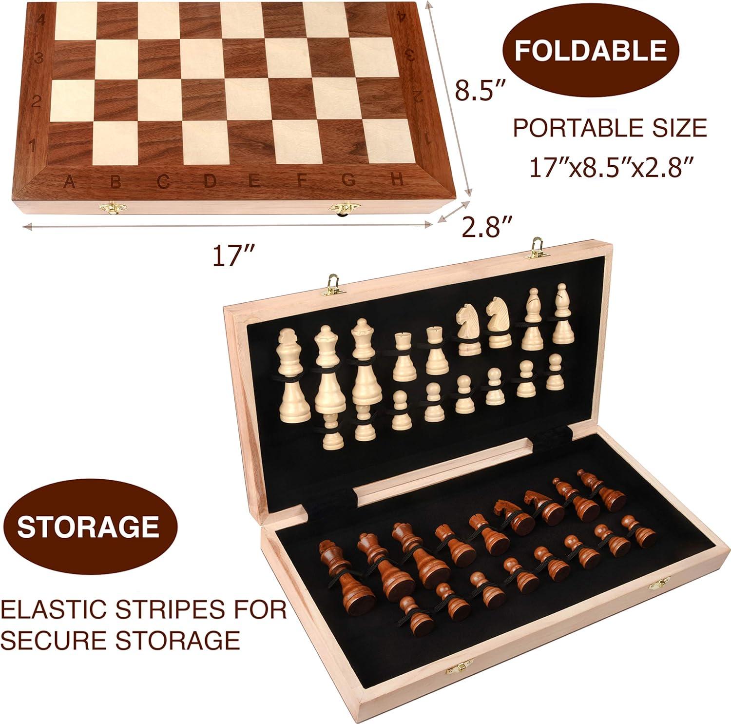 17" Walnut Wood Folding Chess Set with Hand-Carved Pieces