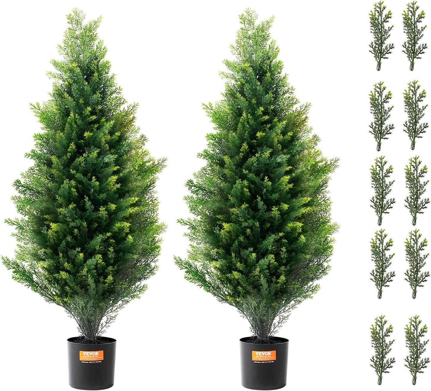 36'' Green Plastic Cypress Topiary Trees with Pots, Set of 2