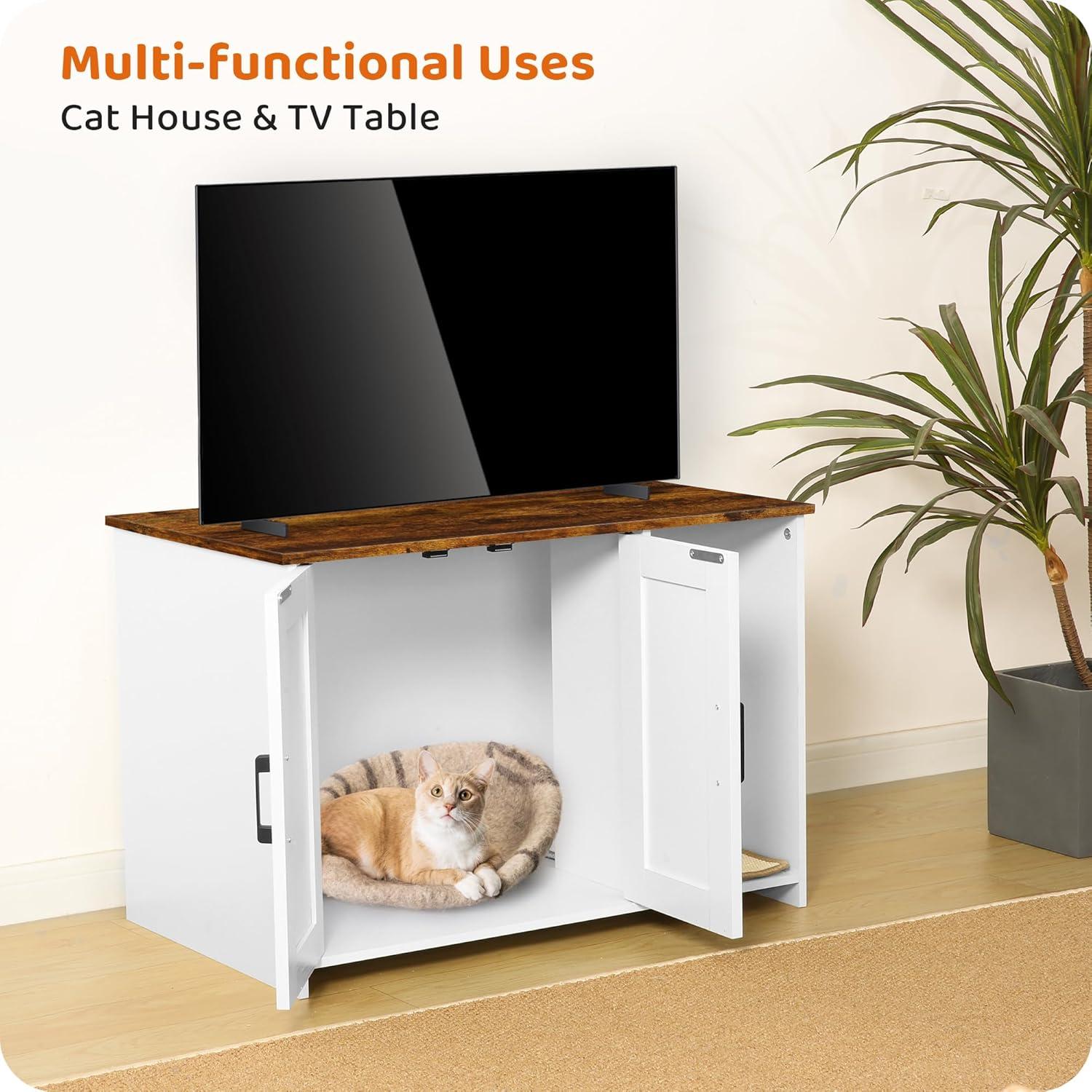 Litter Box Enclosure, Cat Litter Box Furniture Hidden, With Scratching Mat, Wooden Cat Washroom Indoor, Fit Most Of Litter Box, 31.5" L X 19.7" W X 21.7" H, White + Warm Brown
