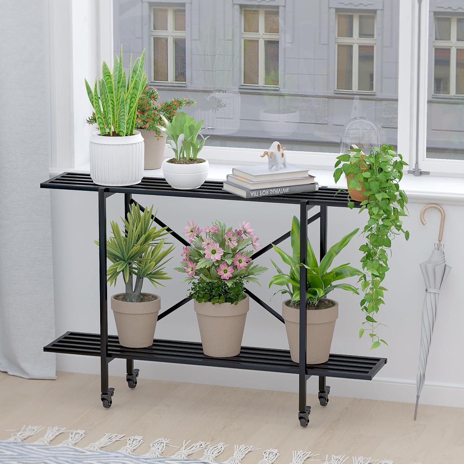 2 Tier Metal Sturdy Heavy Plant Stand, Narrow Plant Stand Indoor and Outdoor, L35.43 x W10.3 x H27.5 inch, 440 LBS Capacity & Heavy Duty Construction