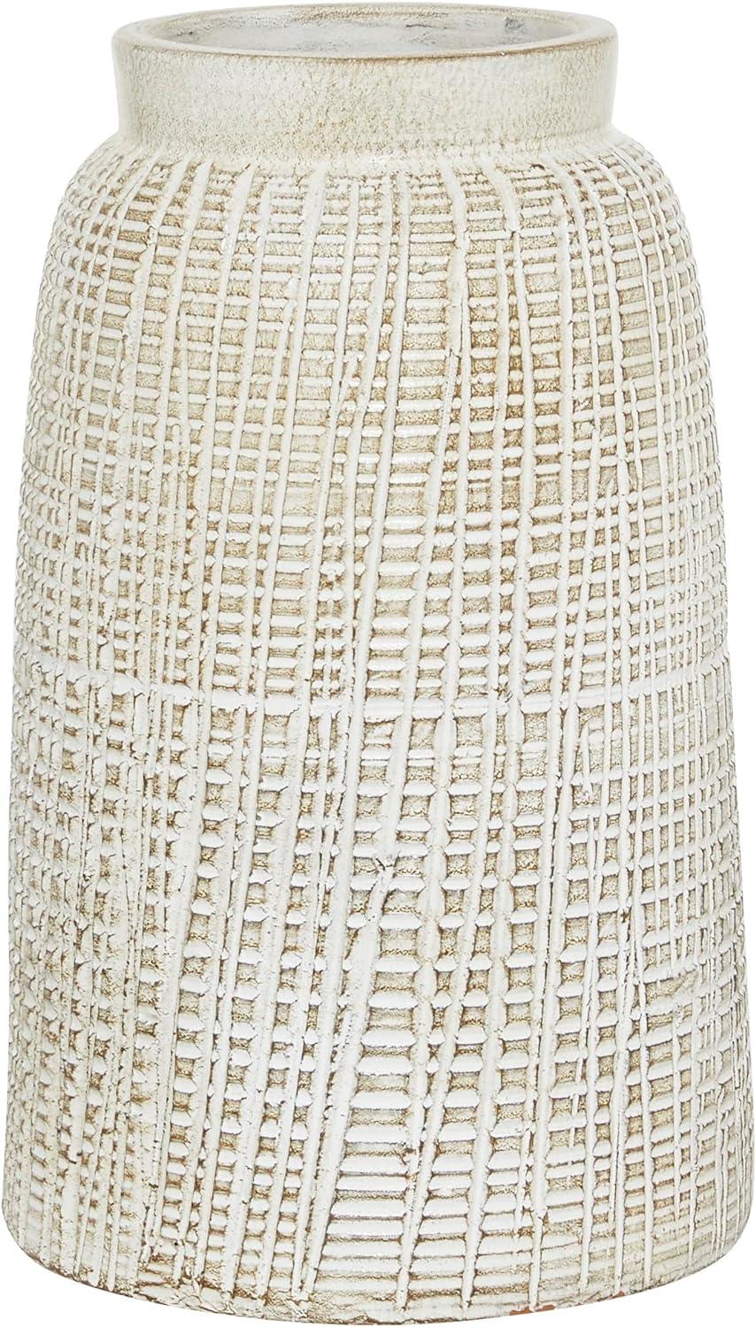 Elegant White Ceramic Bouquet Vase with Crosshatch Texture - 10.75" High