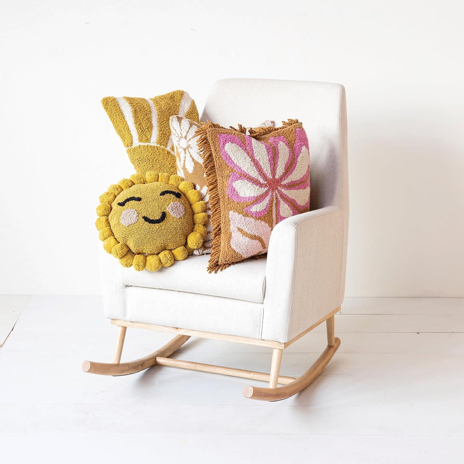 Yellow and Cream Cotton Punch Hook Lumbar Pillow with Sun Design