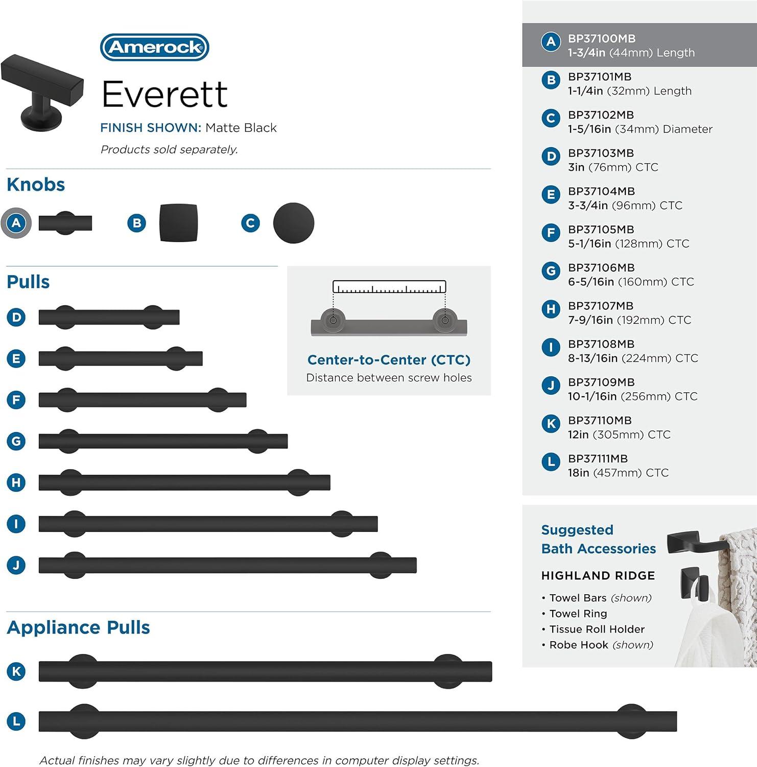 Amerock Everett 1-3/4 inch (44mm) Length Matte Black Cabinet Knob