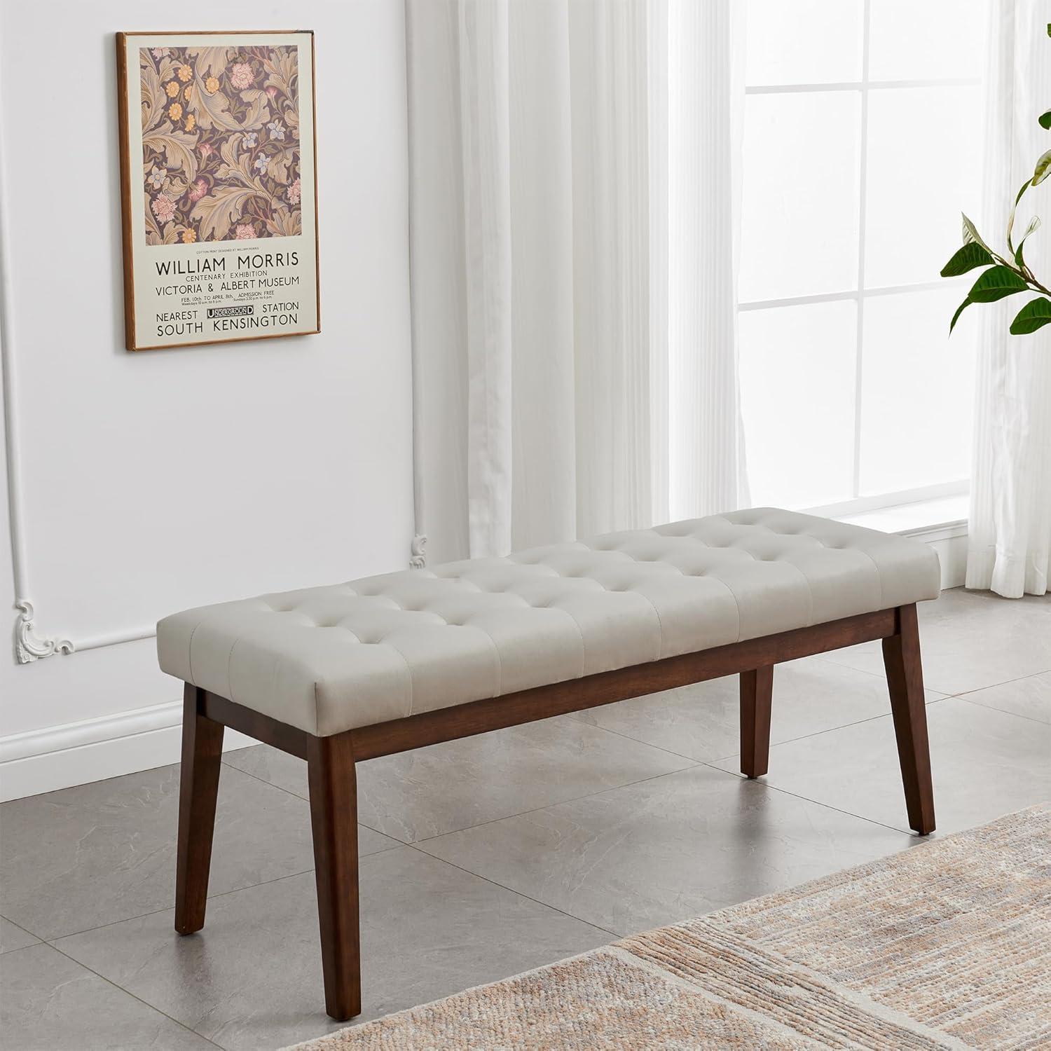 Taupe Velvet Upholstered Bench with Solid Wood Legs