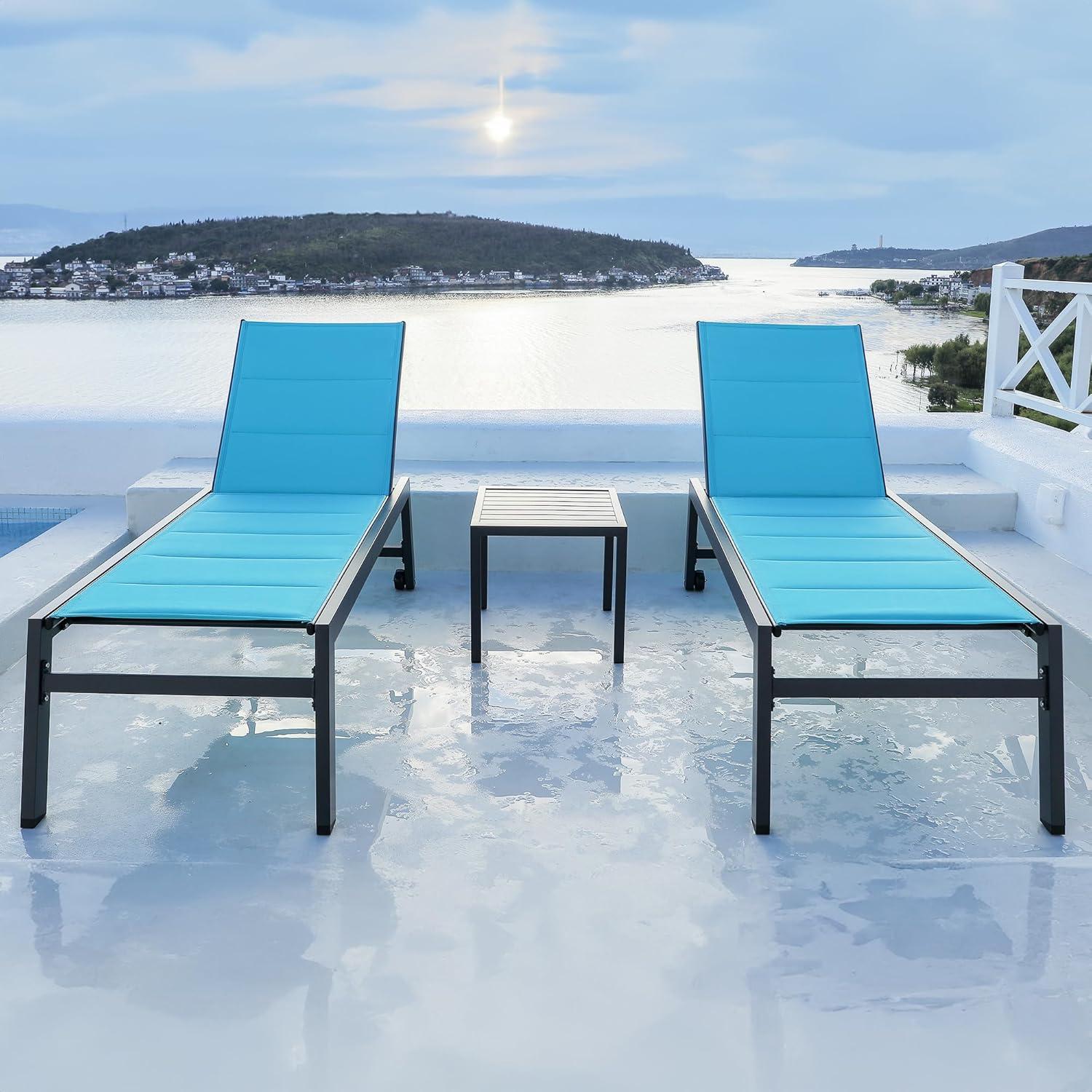 PURPLE LEAF Outdoor Chaise Lounge with Wheels for Outside 2 Pieces Aluminum Patio Lounge Chair with 5 Adjustable Position Recliner for Patio, Beach, Yard, Pool, Side Table Included, Beige