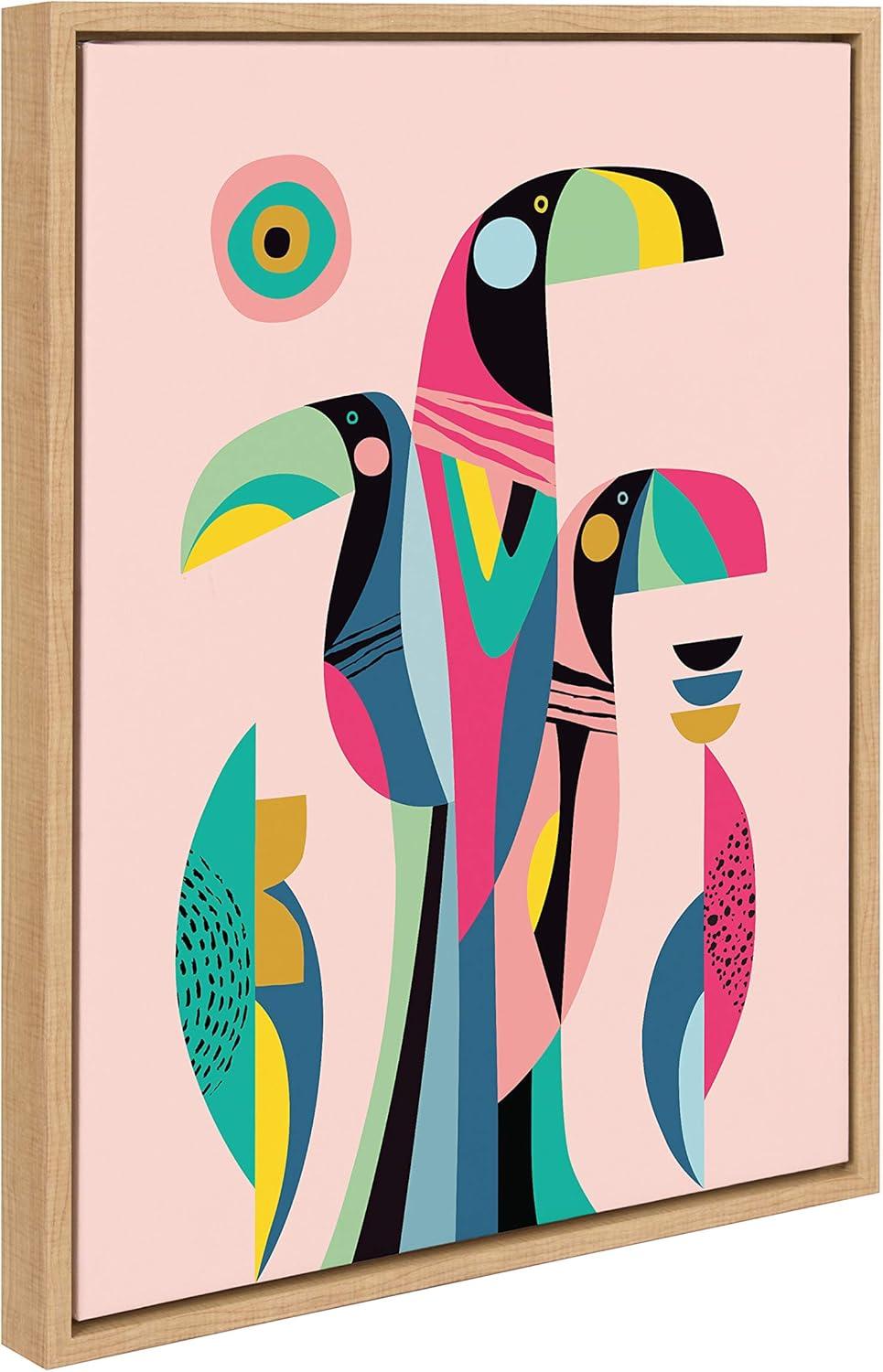 Mid Century Modern Tropical Toucan Canvas Wall Art in Natural Frame