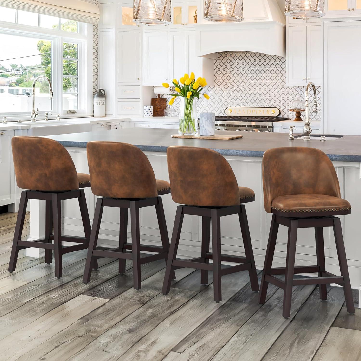 Dycanpo 26'' Swivel Bar Stools, Counter Height Bar Stools with Back & footrest for Kitchen, Brown