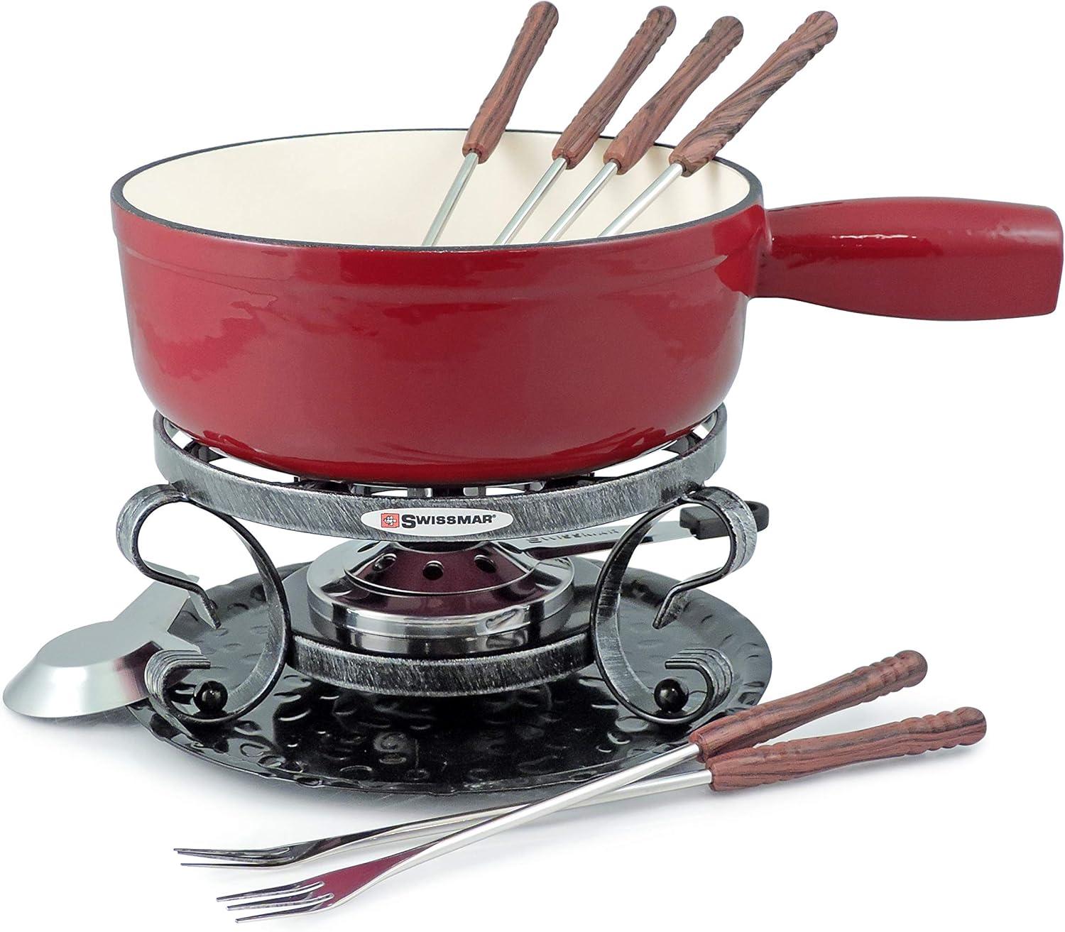 Swissmar Swissmar Lugano 2-Quart Cast Iron Cheese Fondue Set, 9-Piece, Cherry Red