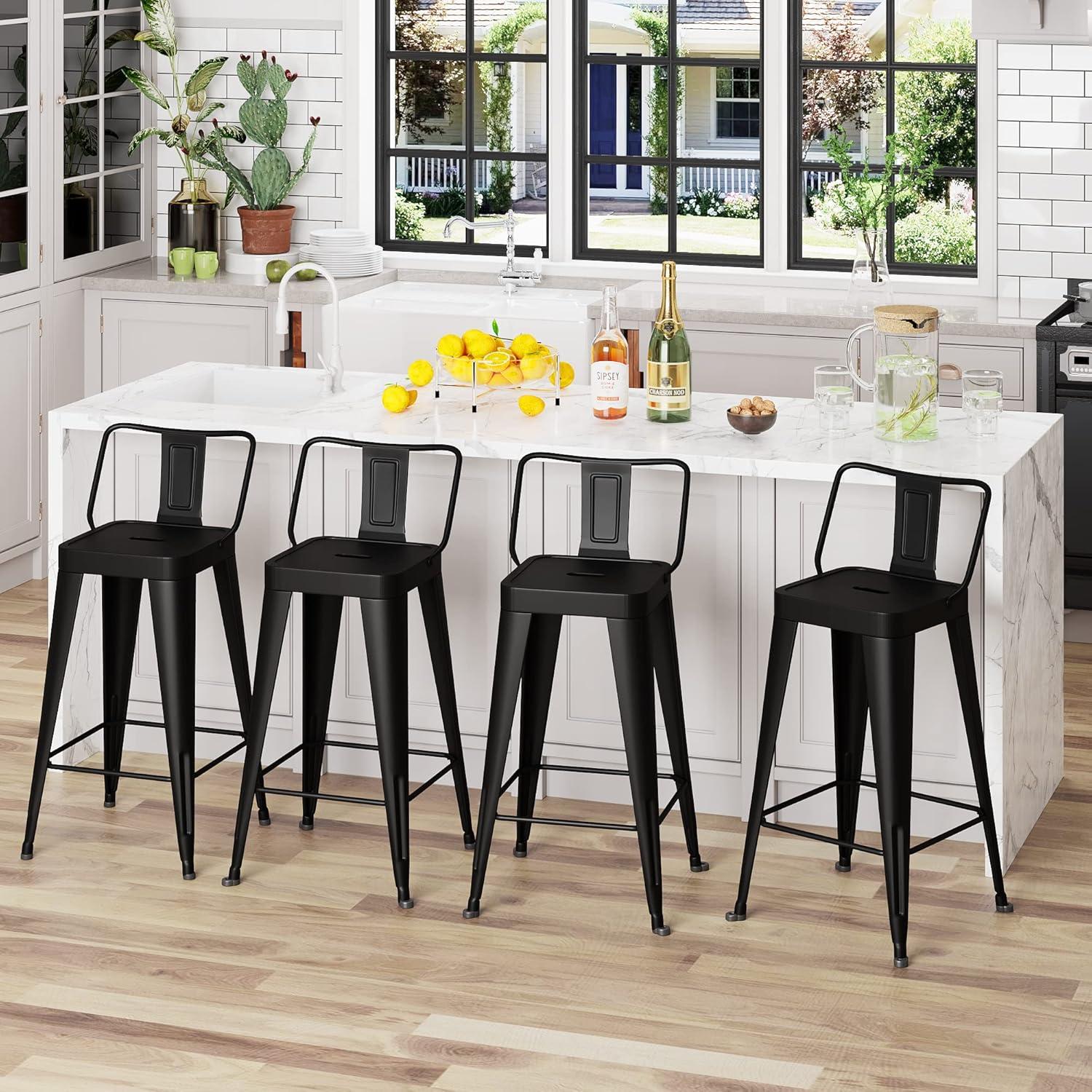 Andeworld 24" Bar Stools Set of 4,Counter Height Bar Stools with Larger Seat,Bar Stools with Back,Black Metal Bar Stools with Removable Back,Farmhouse Bar Stools,High Back Kitchen Bar Stools Chair