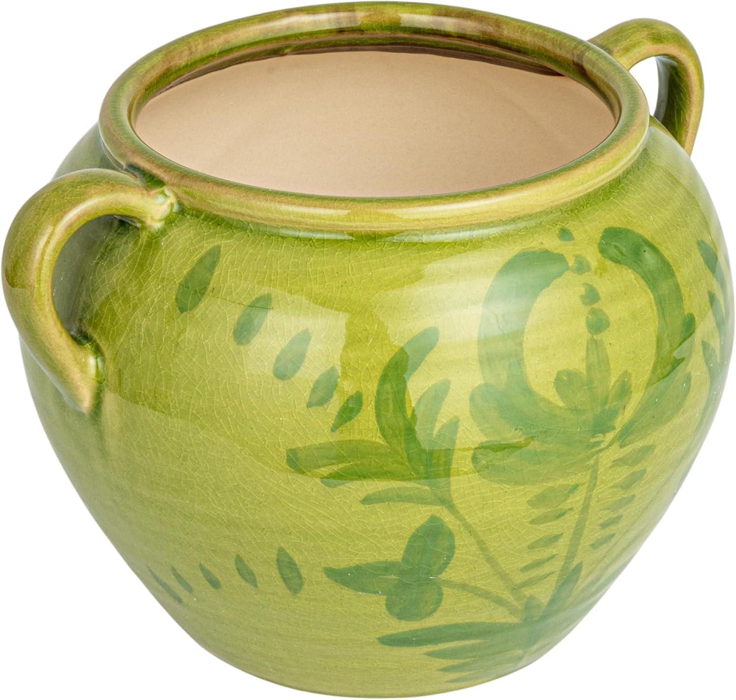 Green Hand-Painted Ceramic Urn with Handles