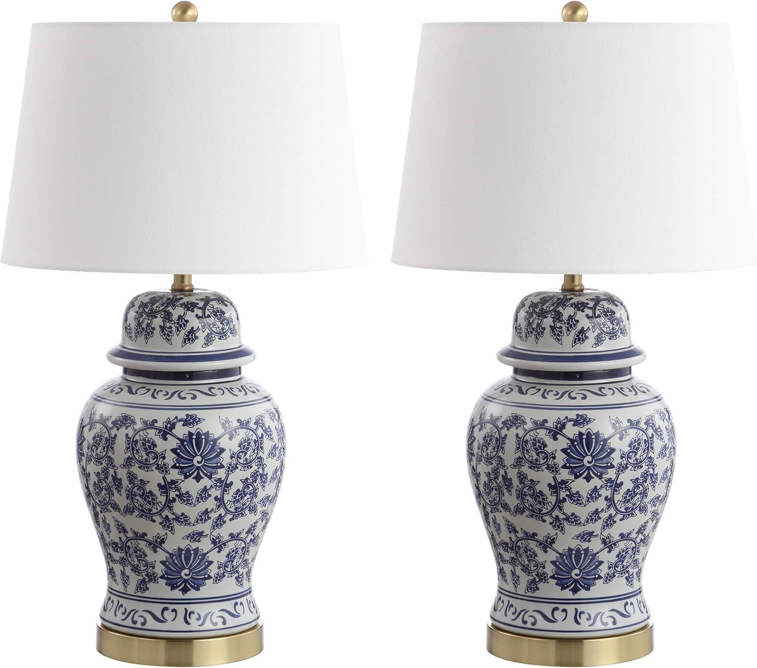 Elegant Arwen Blue and White Ceramic Table Lamp Set with Brass Accents