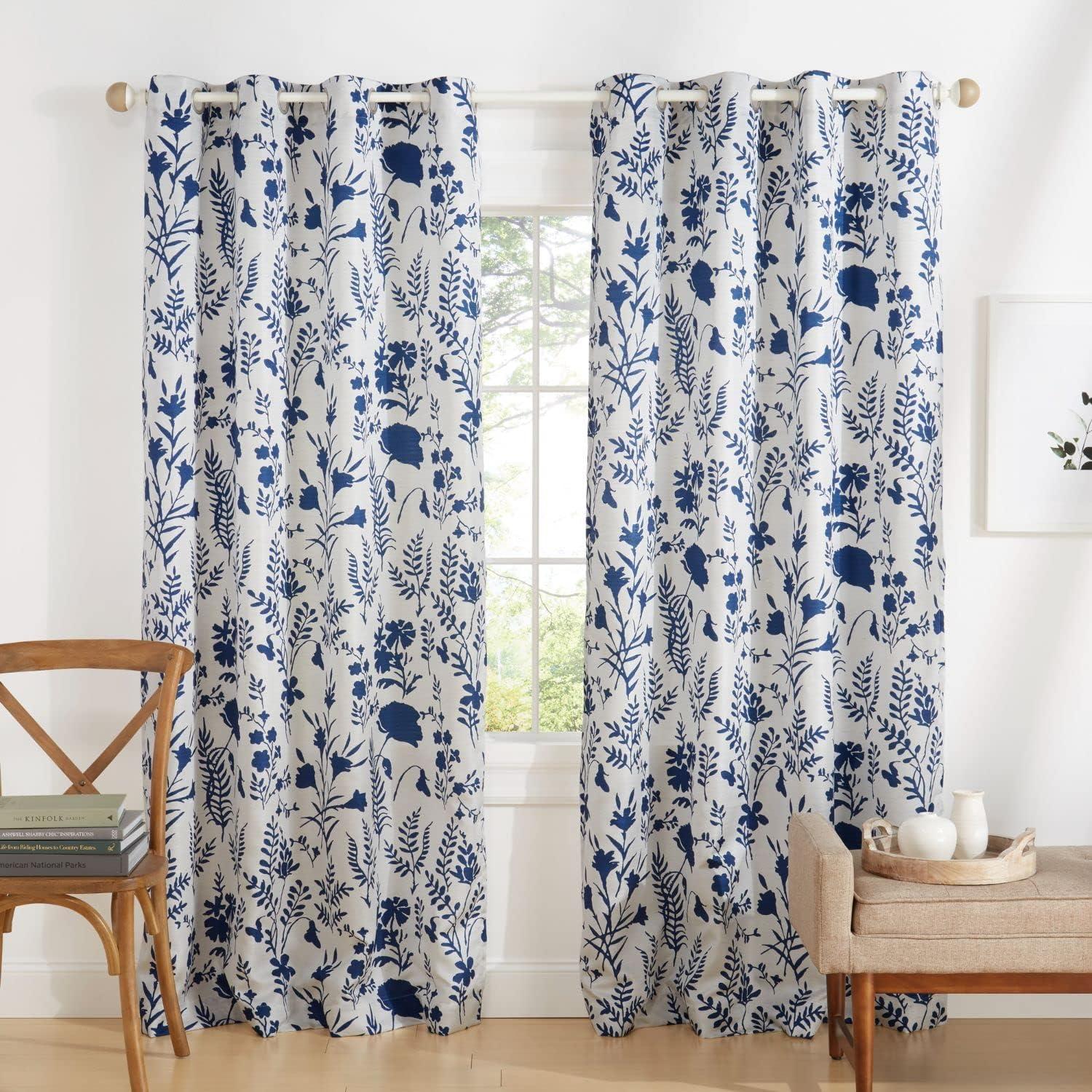 Indigo Floral Light Filtering Grommet Top Curtain Panels, 54"x84"